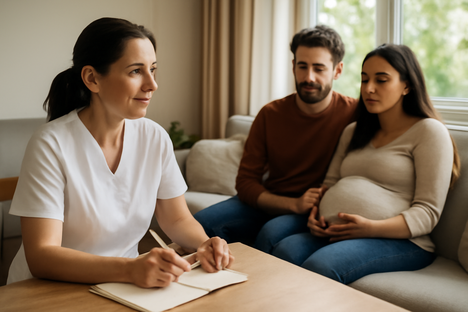 sage-femme et futurs parents discutant près d’un carnet et d’une feuille de suivi de grossesse