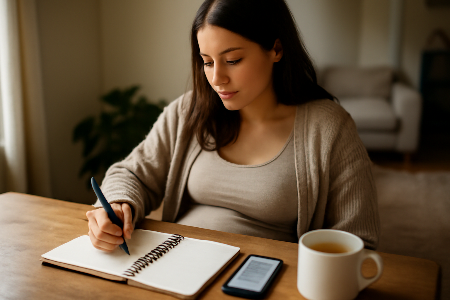 femme enceinte notant ses symptômes sur un carnet près d’une appli de suivi