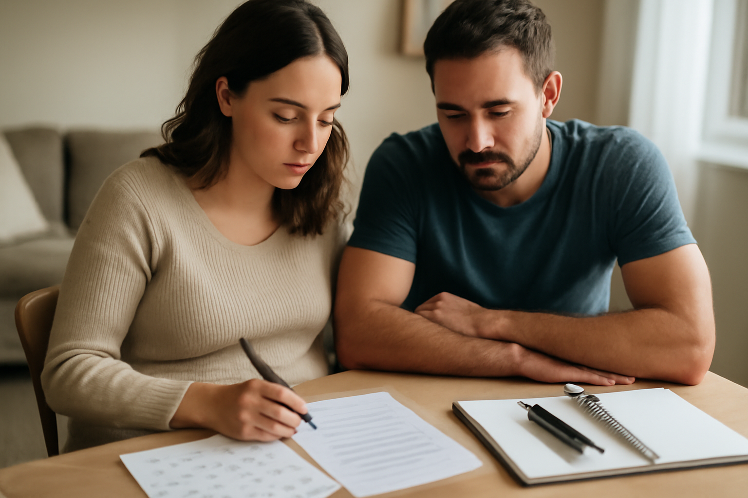 couple discutant de choix de naissance avec une feuille de questions et un calendrier