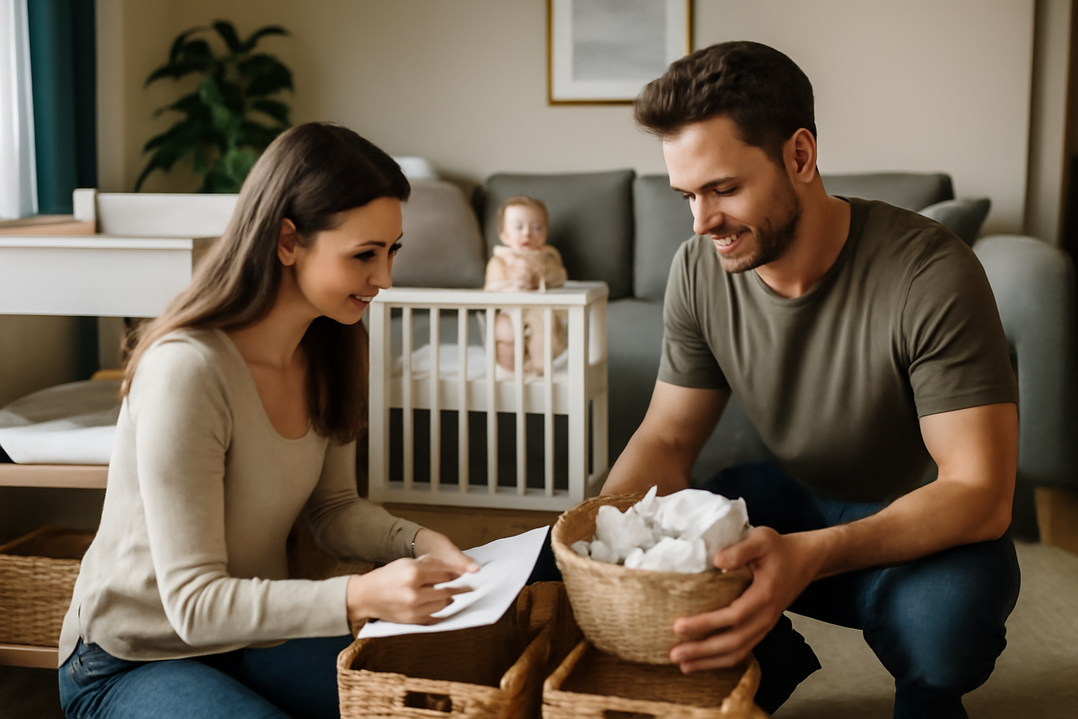 parents organisant le coin bébé dans un salon calme avec paniers et checklist