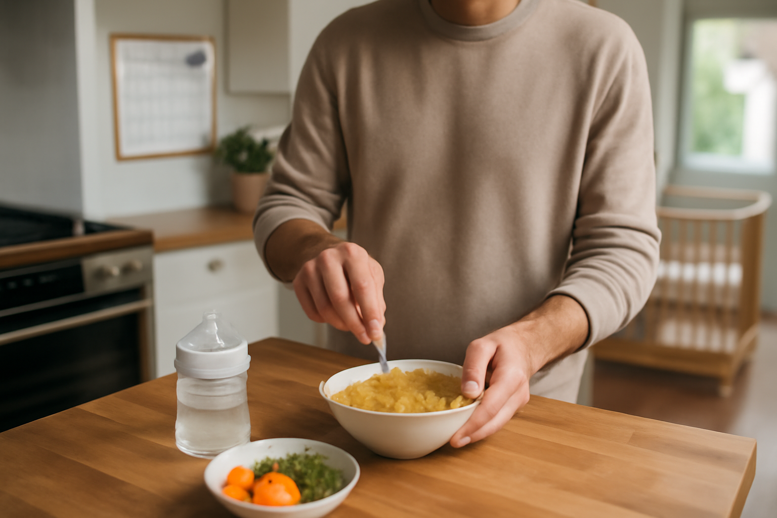 parents préparant un repas et discutant du sommeil d’un bébé avec un tableau de routine