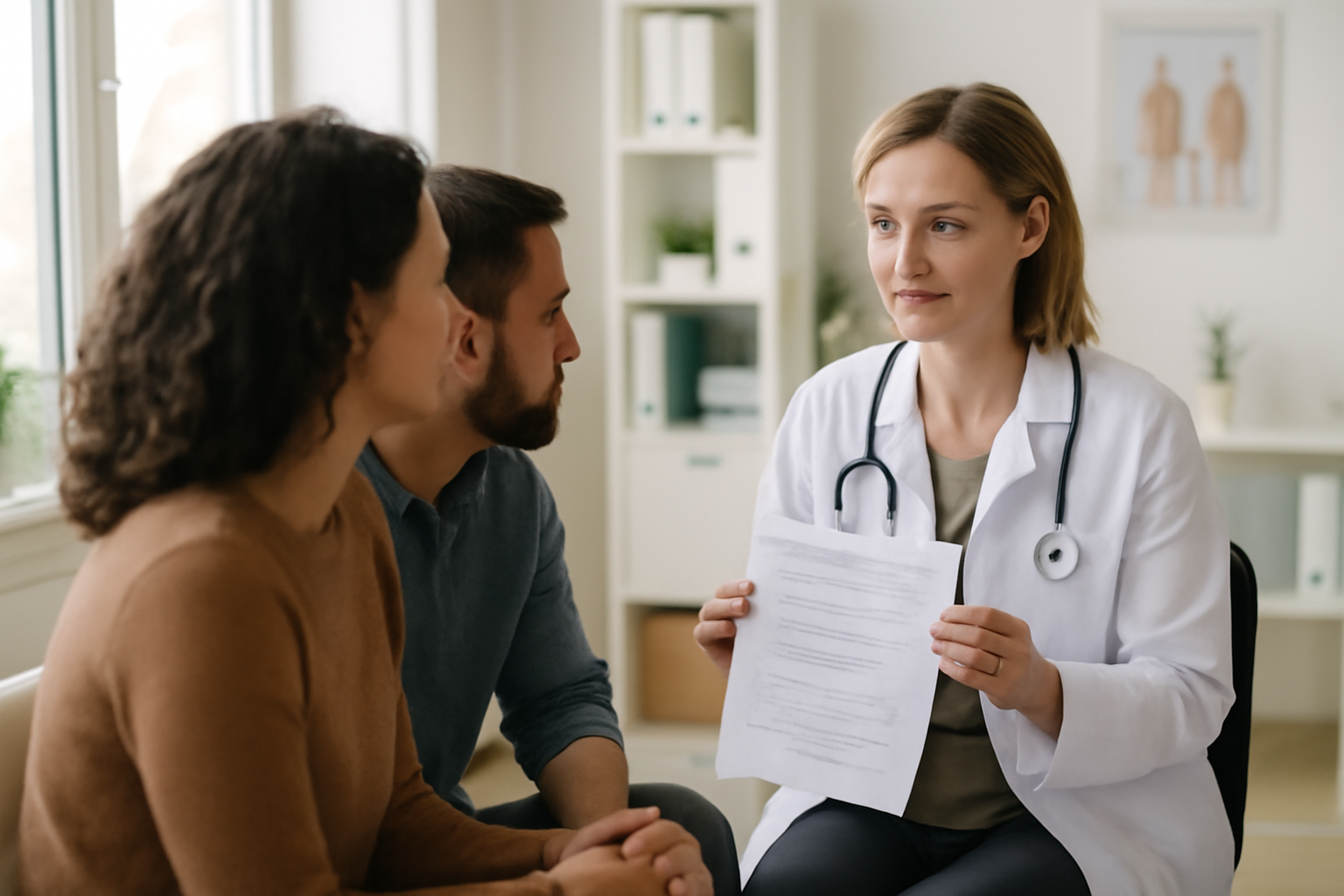 professionnel de santé montrant un document de repères à un couple dans un cabinet lumineux