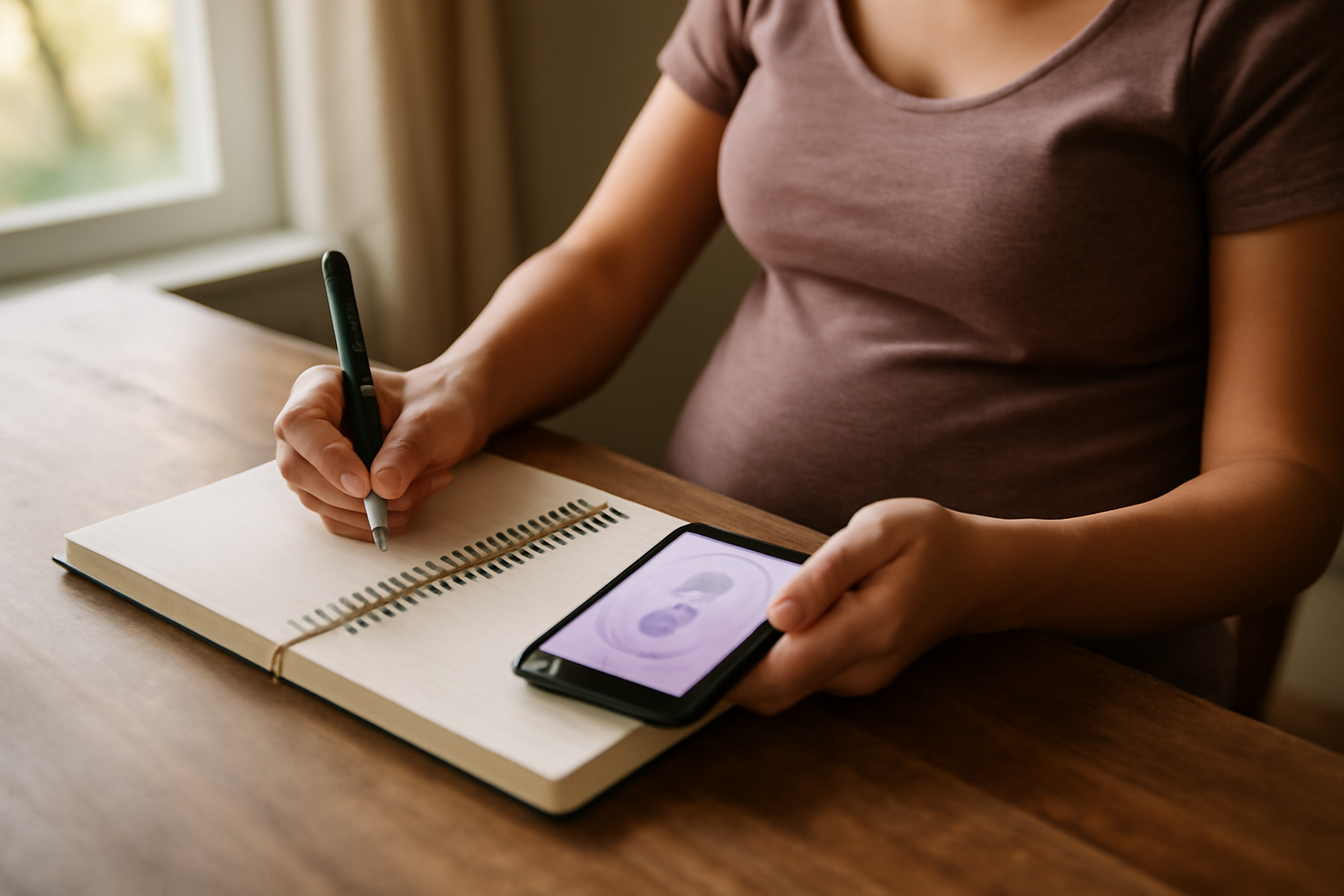 Photo photoréaliste d’une personne enceinte consultant un carnet de notes et une application de suivi sur une table près d’une fenêtre, ambiance chaleureuse et naturelle