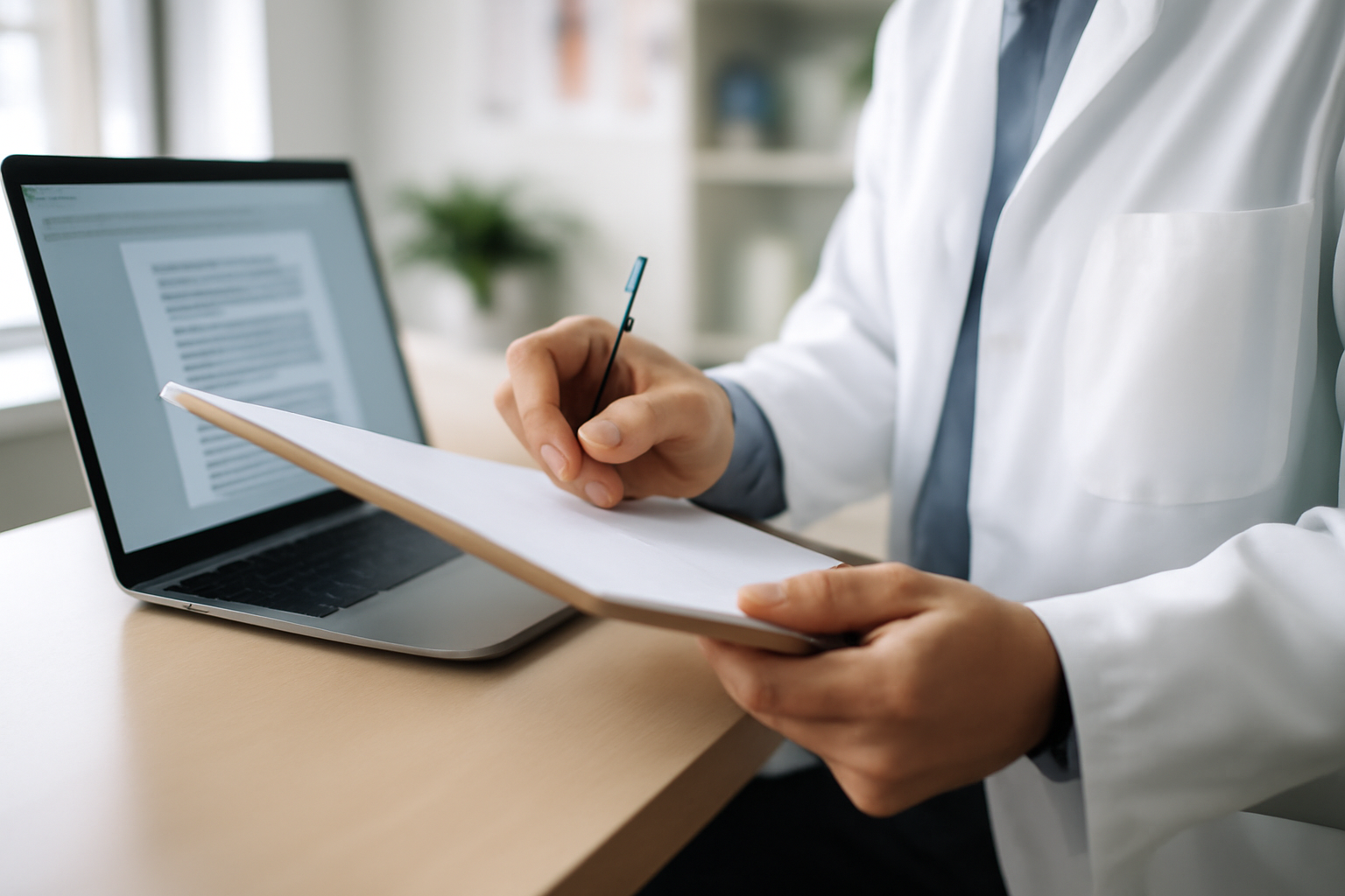 Photo photoréaliste d’une professionnelle de santé (sans visage identifiable) tenant un dossier et un stylo près d’un ordinateur, ambiance cabinet médical