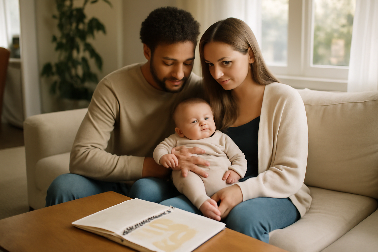 Photo photoréaliste d’un couple et d’un bébé à la maison, carnet d’organisation sur la table et couches rangées, ambiance calme