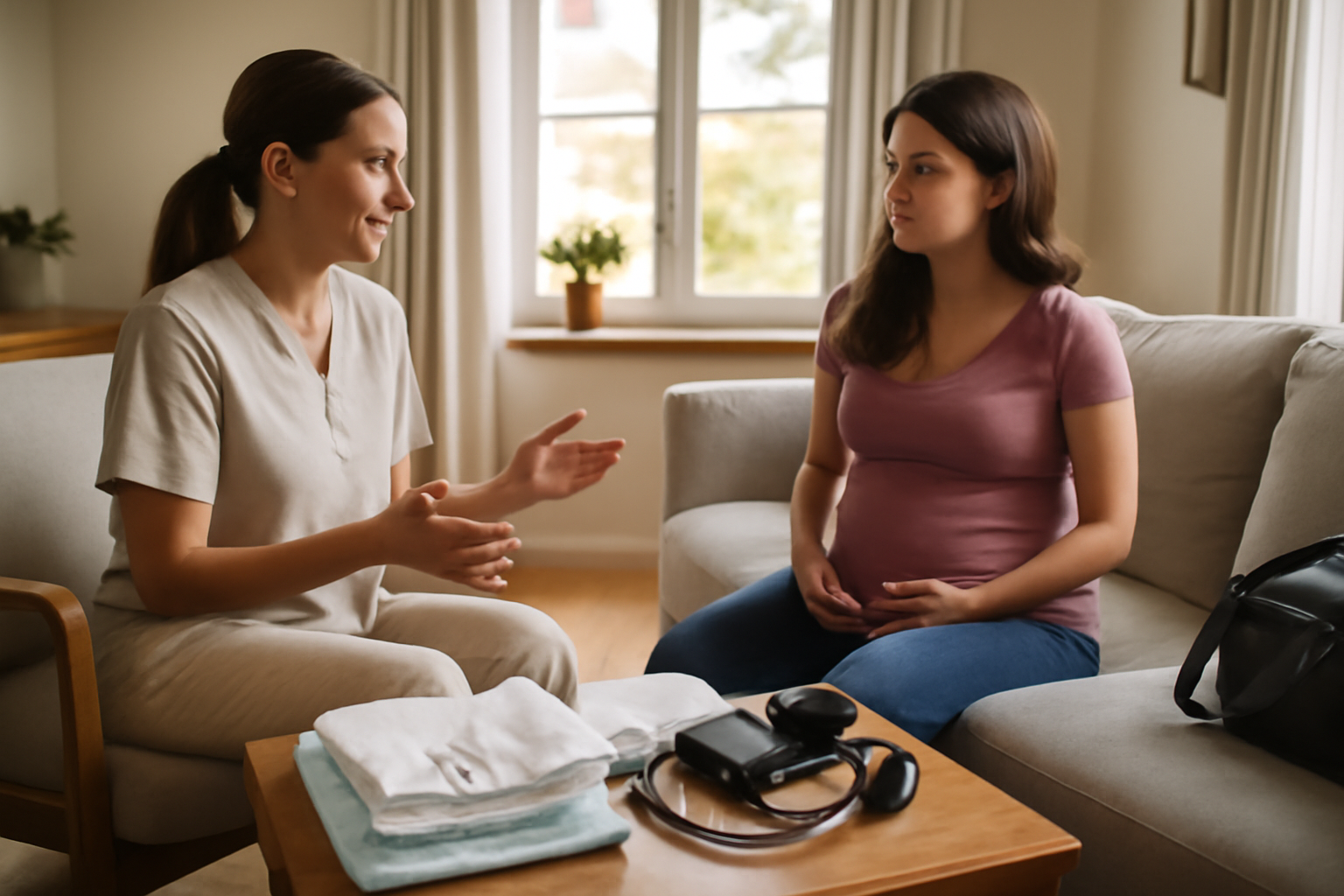 accoucher a domicile : préparation à la maison avec une sage-femme, matériel prêt sur une table