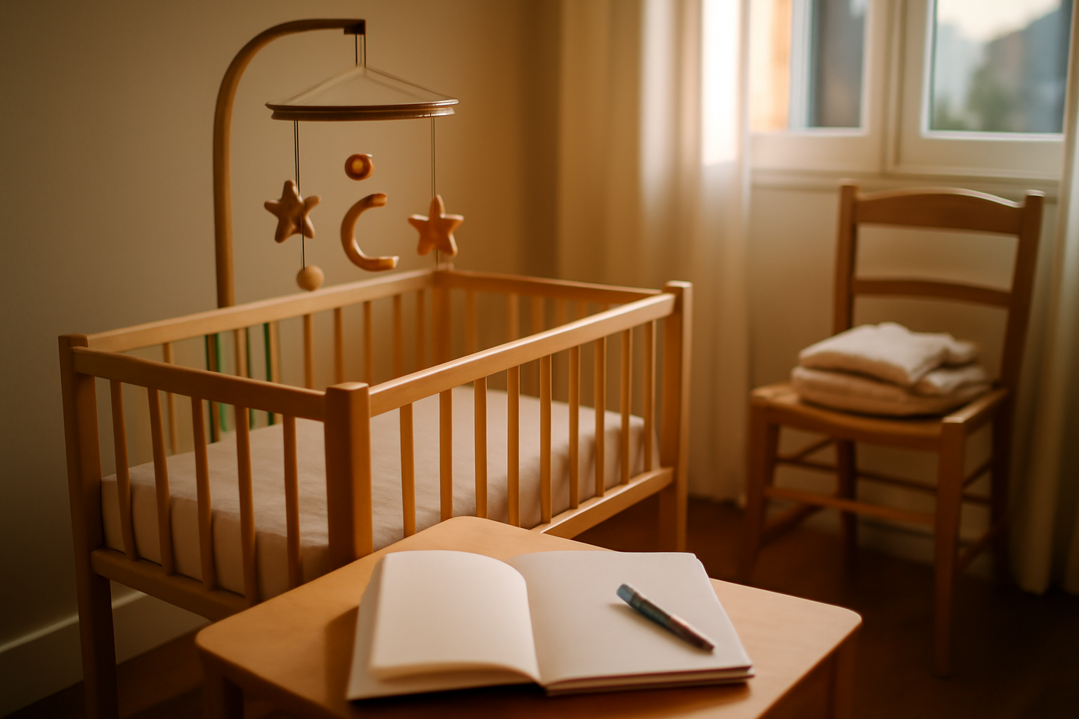 Adèle prénom : berceau et carnet de naissance dans une chambre lumineuse, photo réaliste