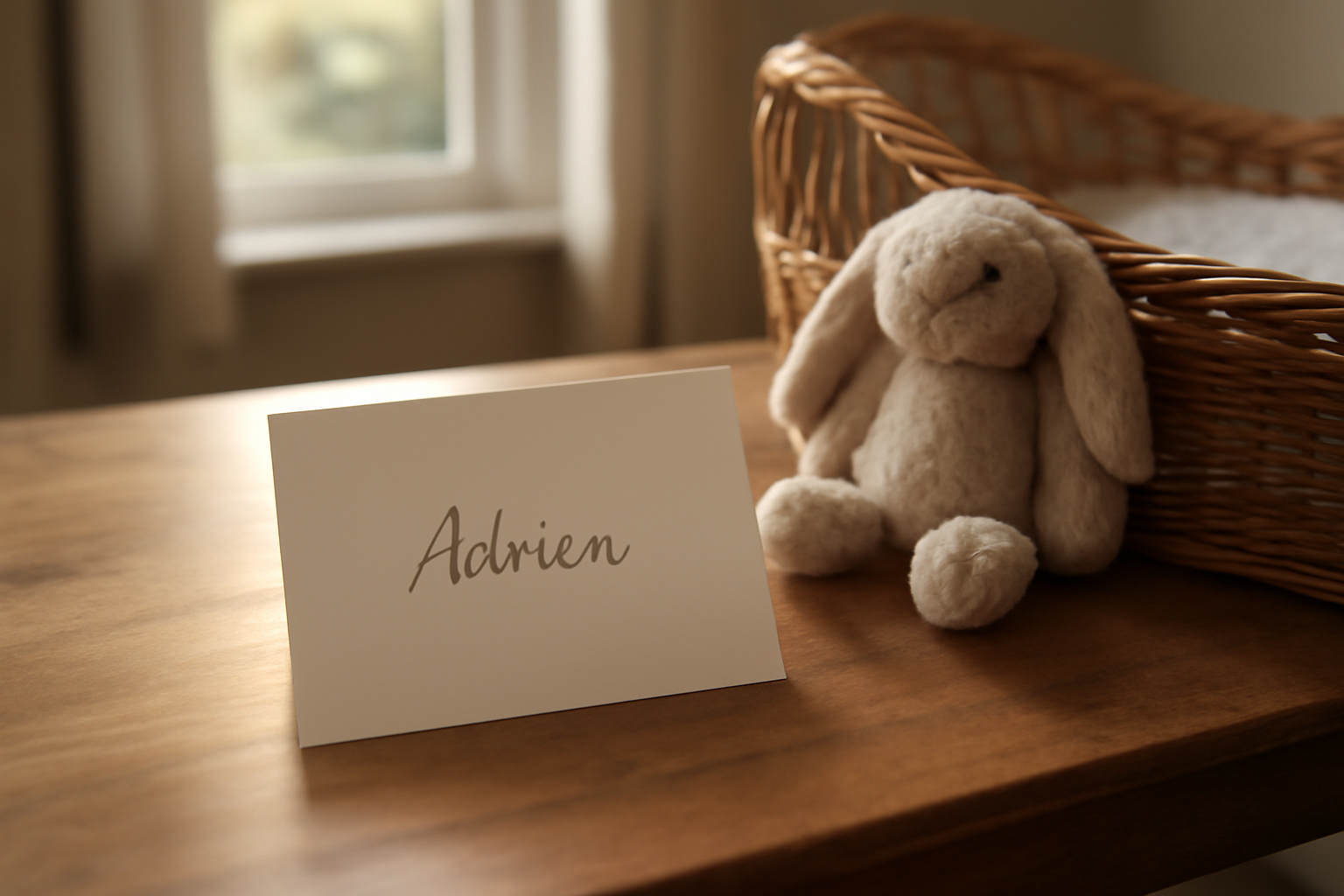 Adrien signification : un berceau et un faire-part posés sur une table, lumière douce du matin