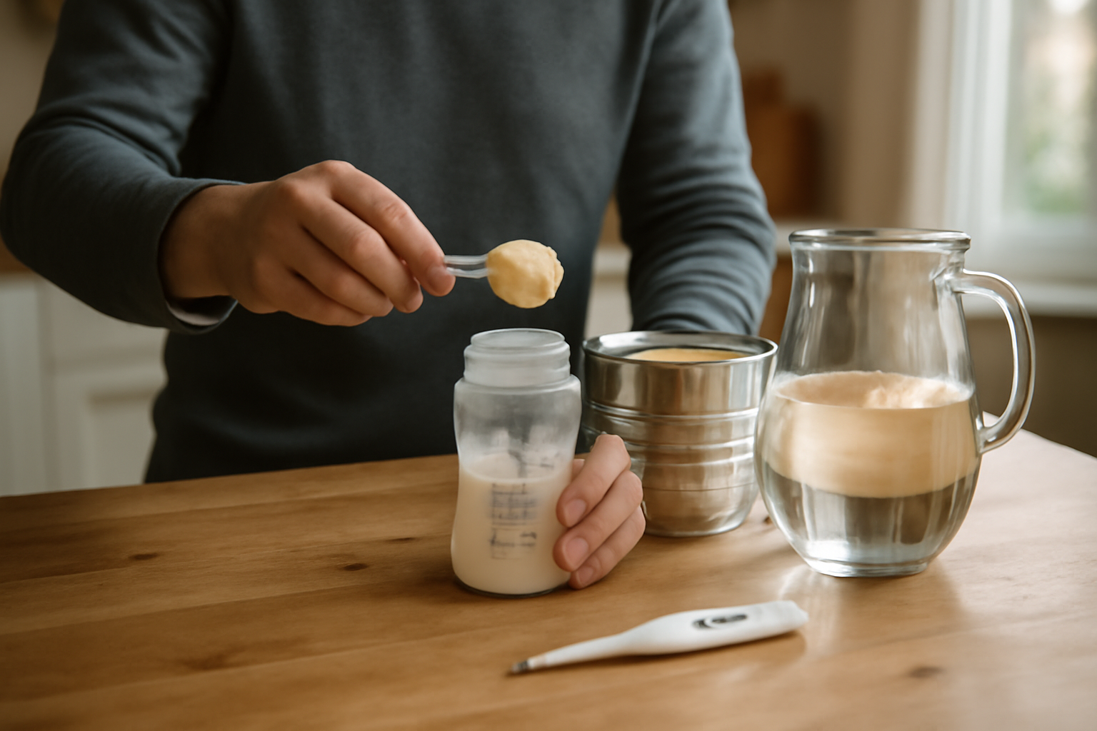 Parents préparant un biberon avec un plan de prise simple, thermomètre et eau à portée, ambiance de cuisine familiale