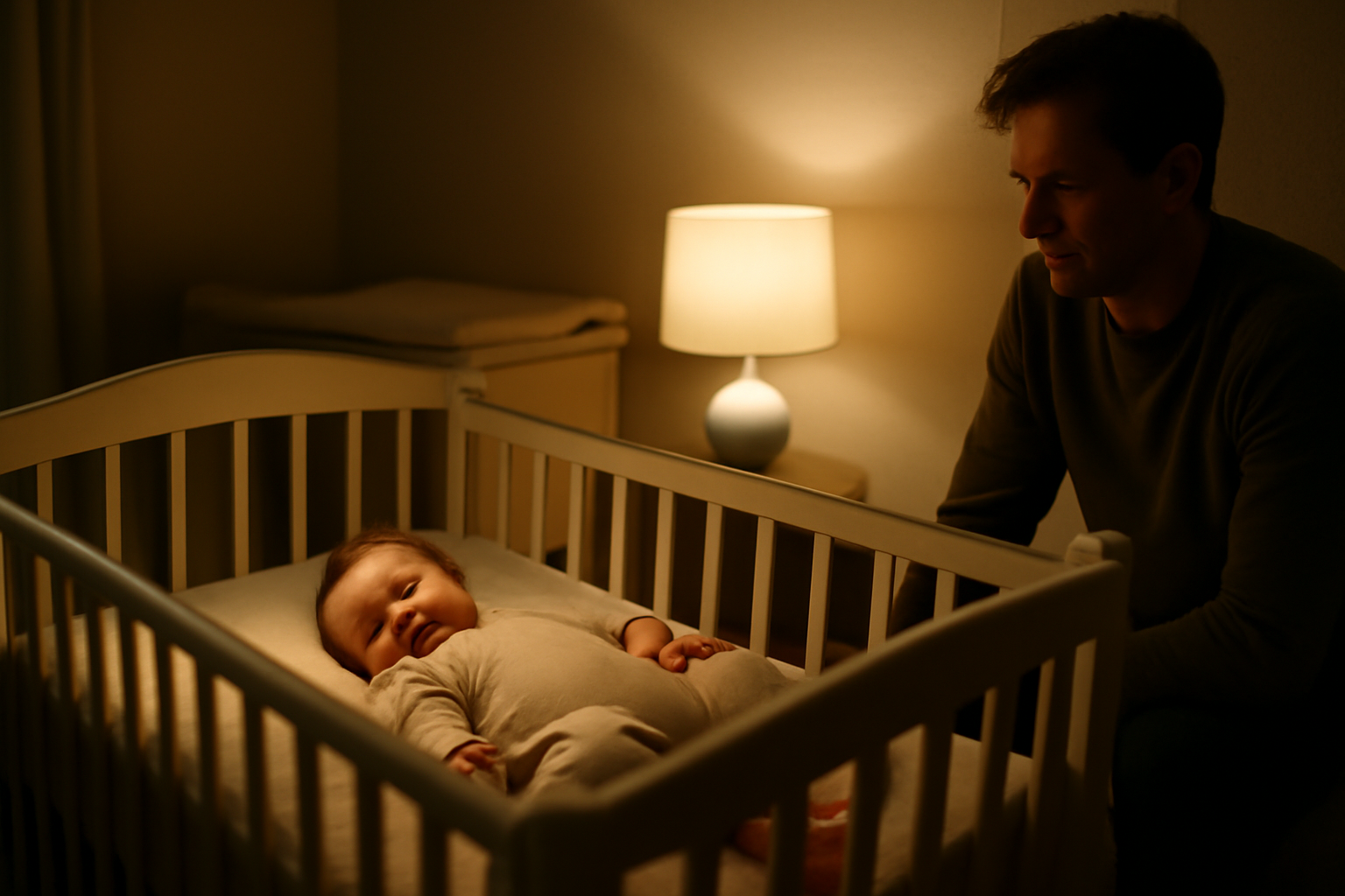 Bébé endormi dans un berceau avec veilleuse douce, parent à proximité, environnement calme et sécurisé