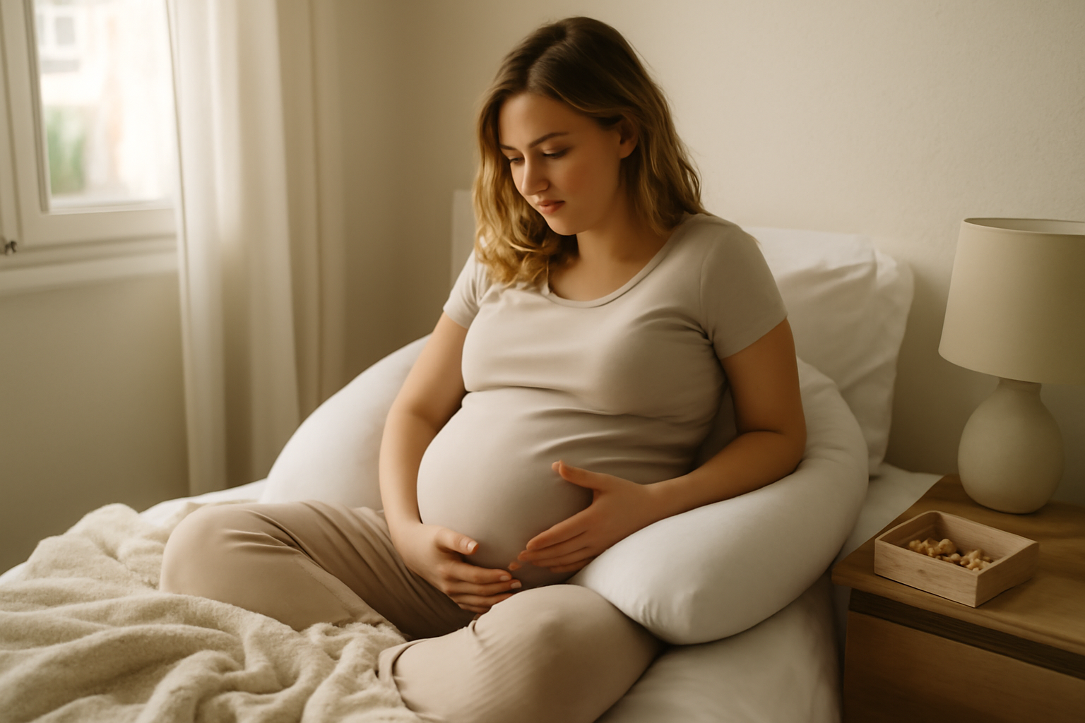 Cadeau femmes enceinte : coussin de grossesse et boîte de collations de maternité sur un lit, lumière douce
