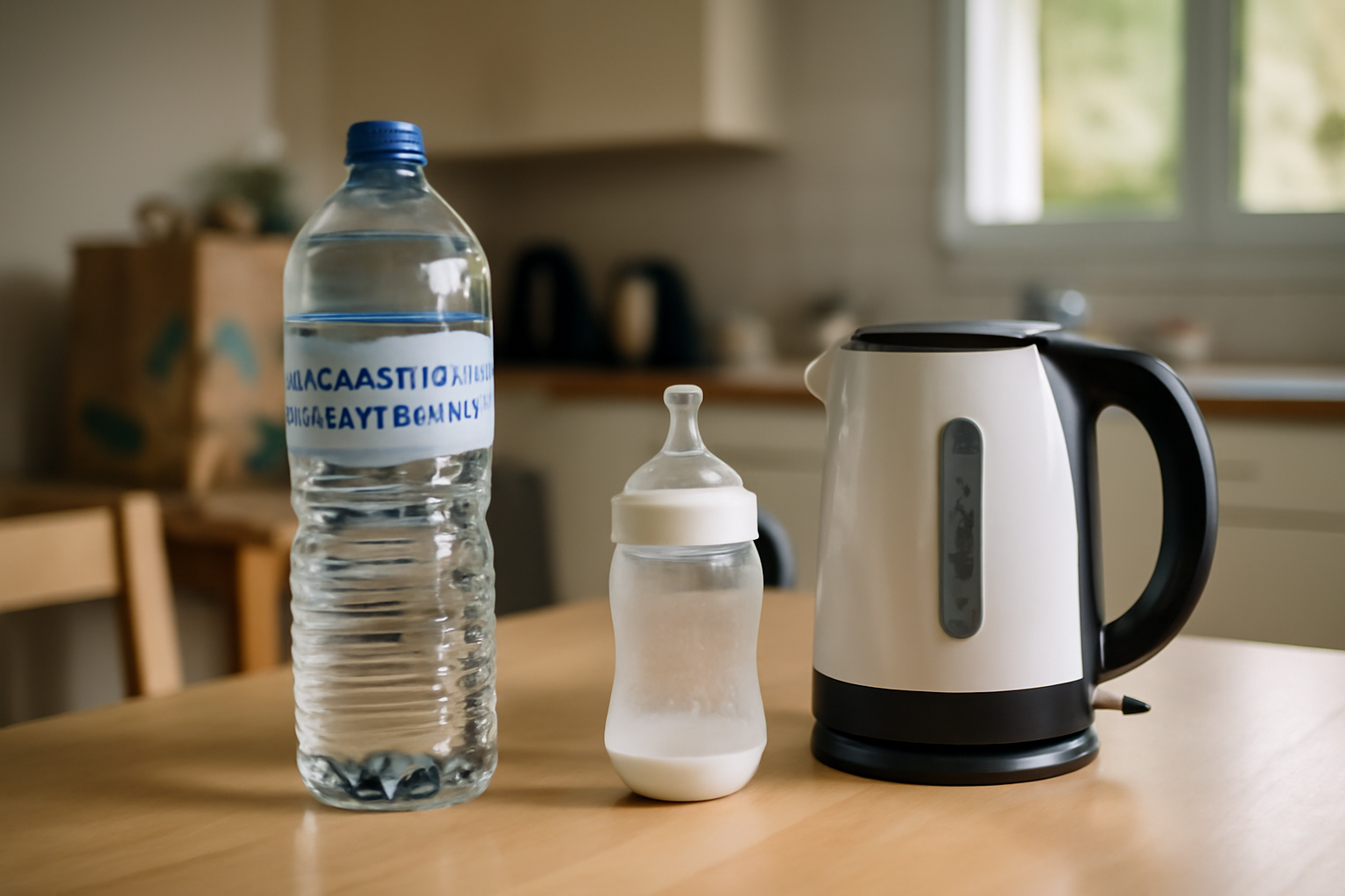 eau pour bébé pour biberon sur table de cuisine, bouteille non gazeuse et biberon propre