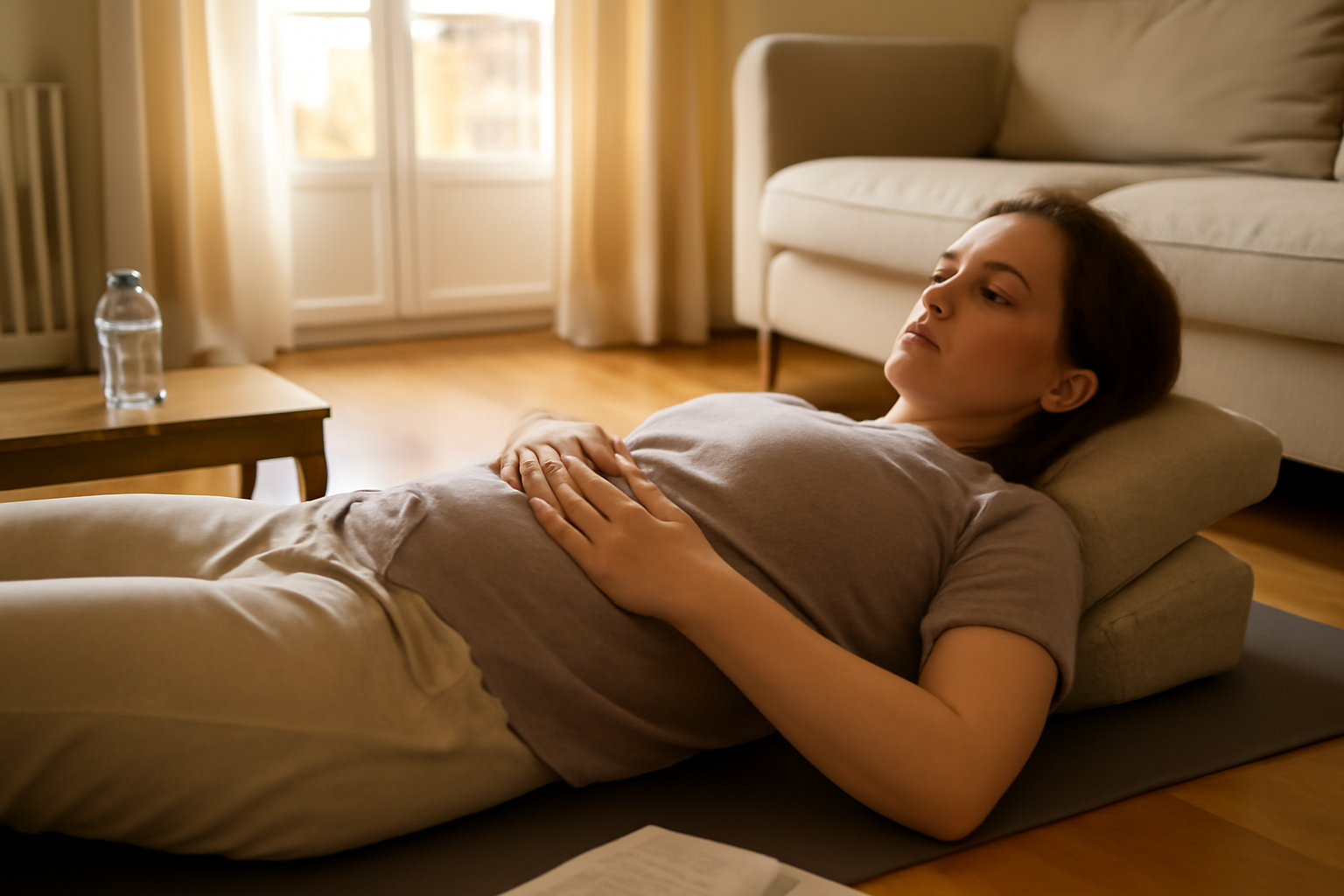 femme enceinte ou en post-partum réalisant des exercices périnée au calme dans un salon, tapis de sol et coussin