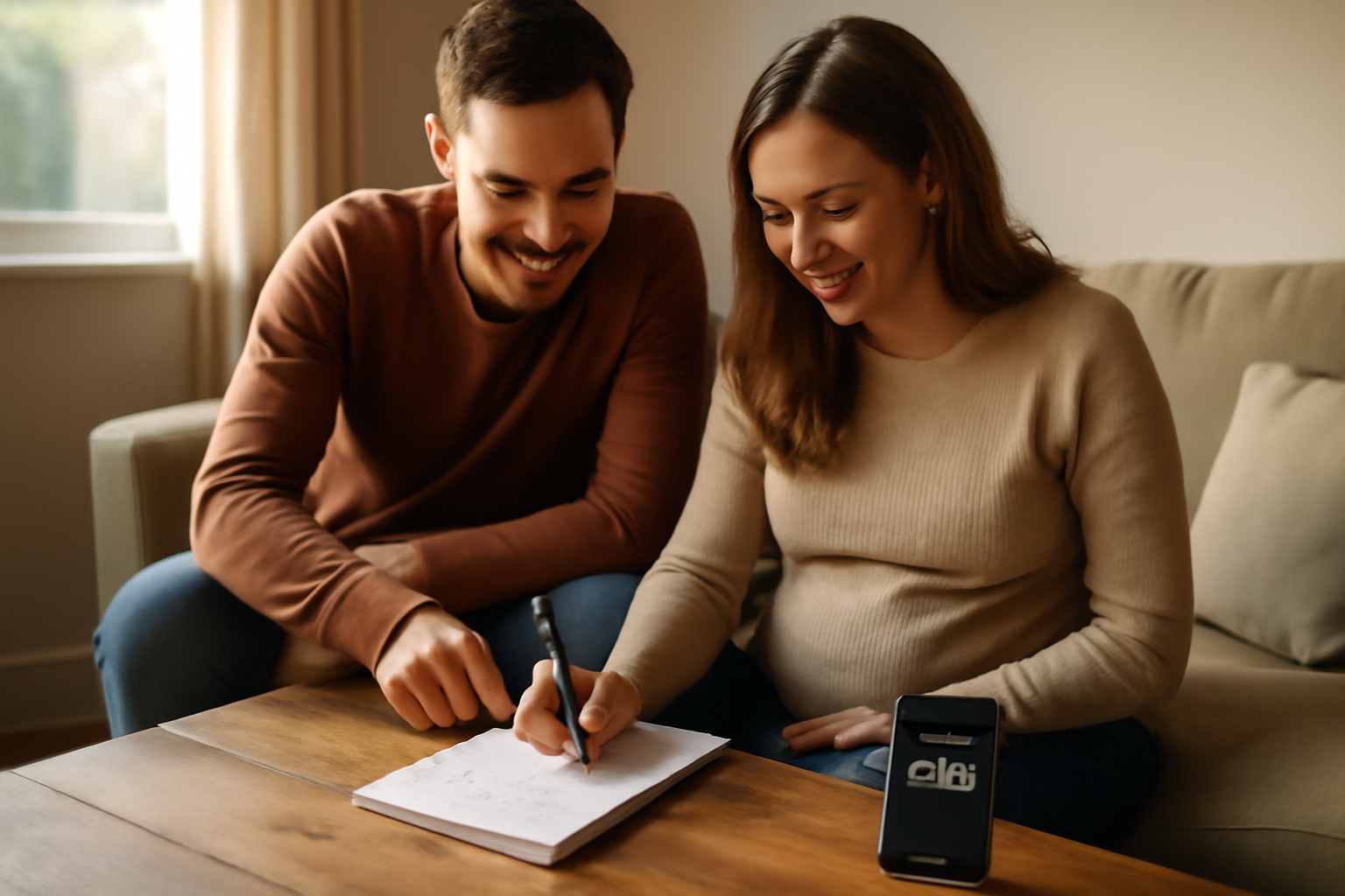 idée prénom : parents testant la prononciation prénom + nom sur une feuille