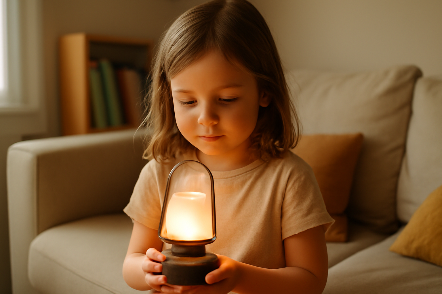 Luce prénom : une petite fille tenant une lanterne lumineuse dans un salon avec lumière du matin
