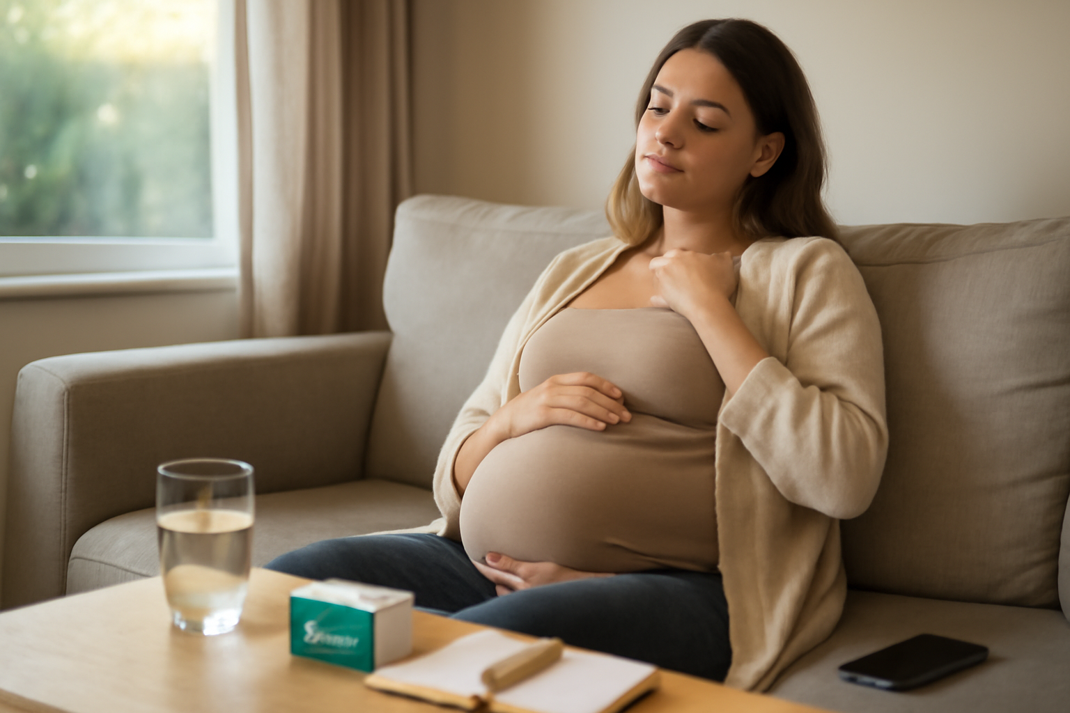 Maalox enceinte : une femme enceinte au salon avec un verre d’eau et une boîte d’antiacide sur la table