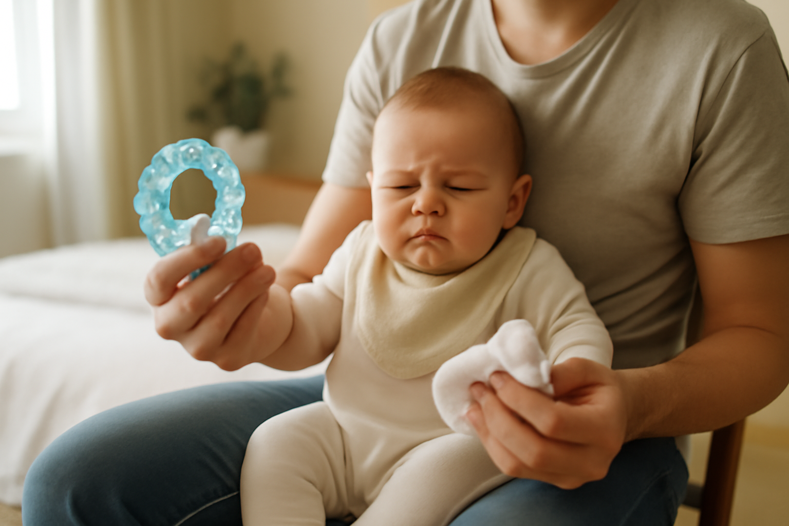 mal de dent bébé remède de grand-mère : massage doux des gencives avec une compresse propre et un anneau réfrigéré
