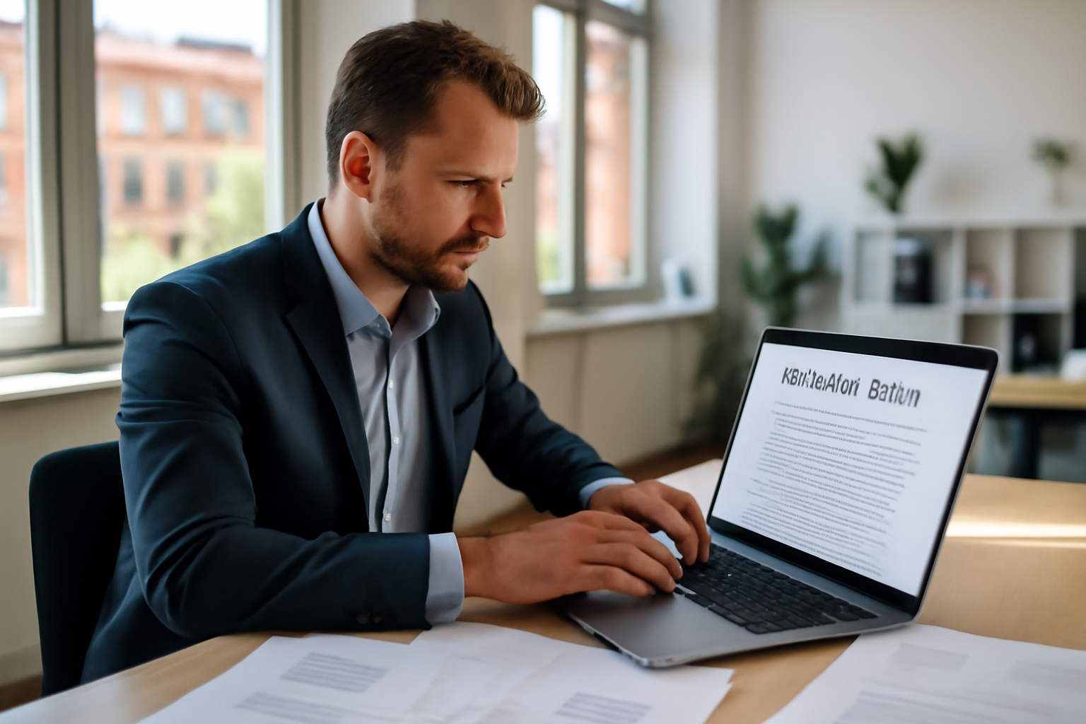 Vue d’un ordinateur portable sur un bureau, avec documents et une page de mentions légales ouverte, ambiance professionnelle