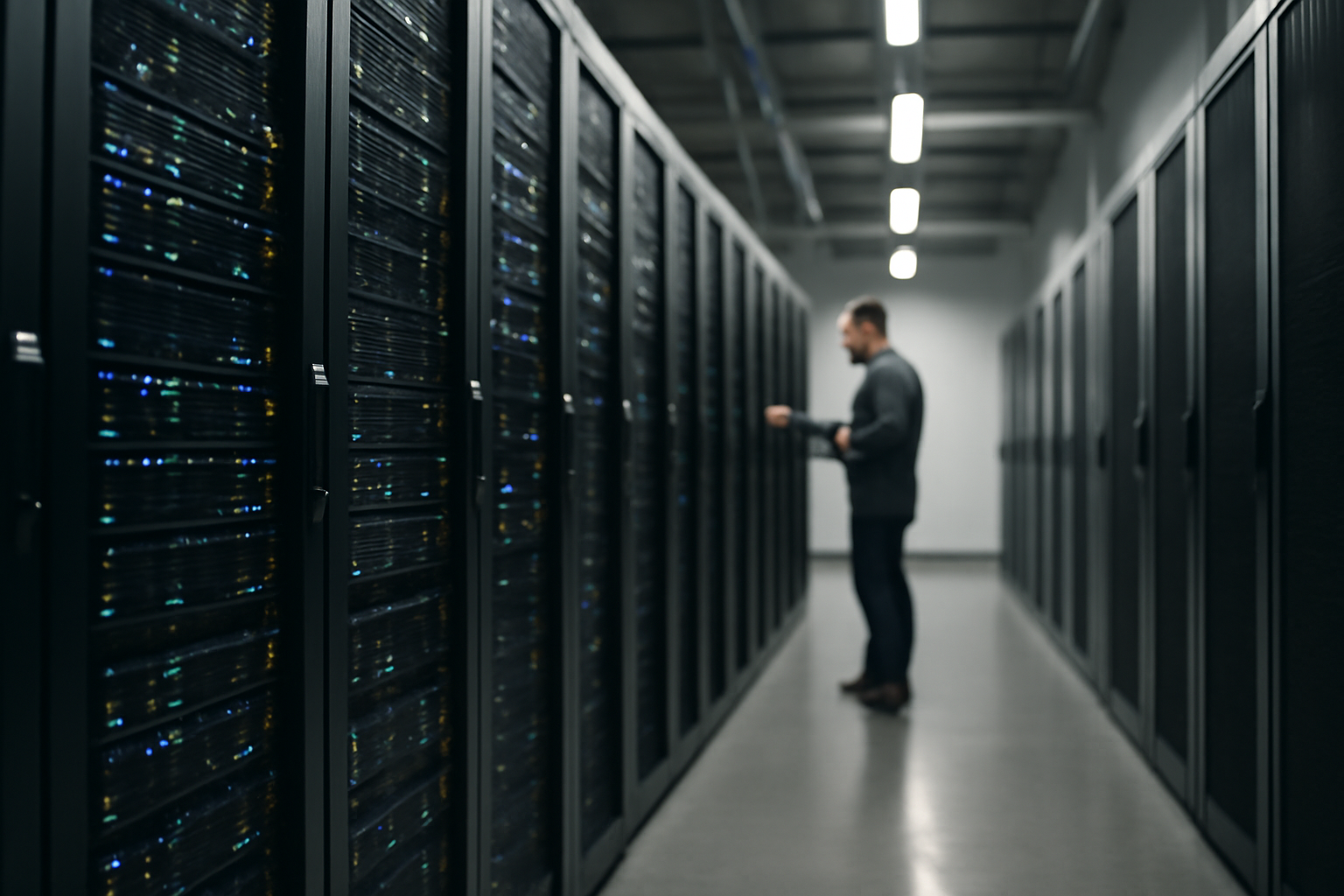 Salle serveurs avec baies informatiques et câblage, représentant l’hébergement web