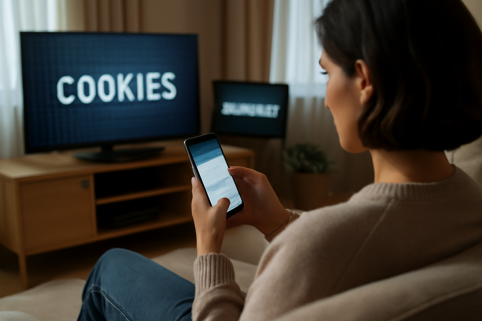 Personne consultant les paramètres de confidentialité sur un smartphone, interface de gestion des cookies et données