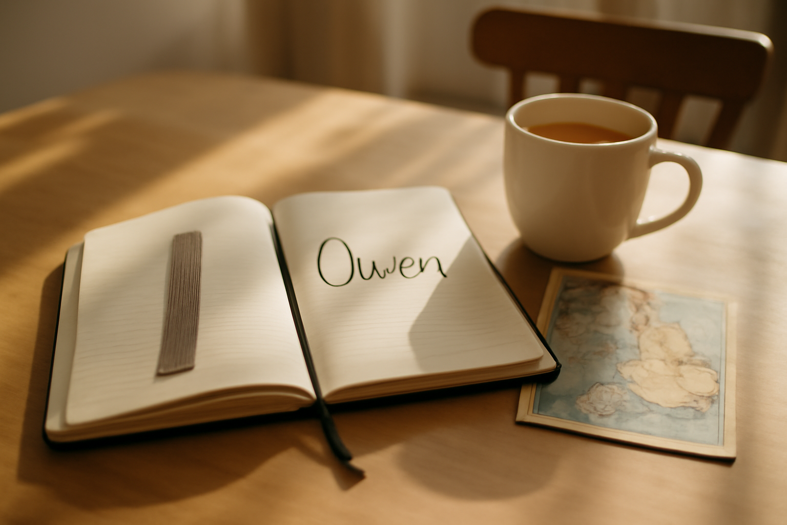 origine prénom owen masculin : photo réaliste d’un carnet avec le prénom Owen et une carte de pays celtiques sur une table de salon