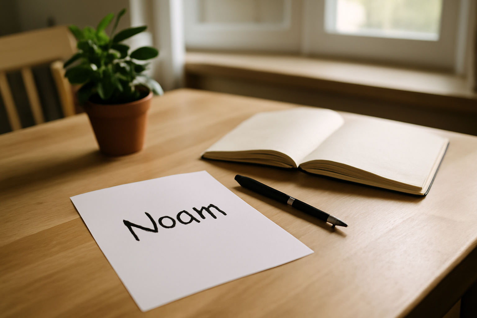 prenom noam : prénom sur une feuille avec un carnet et un stylo, lumière naturelle