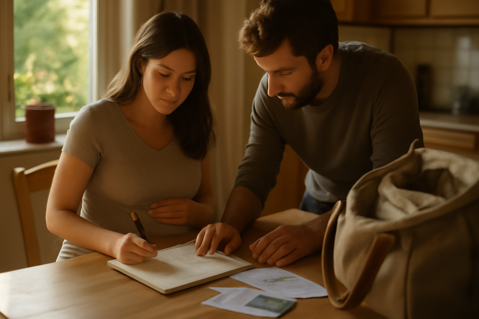 couple enceinte préparant des documents et une liste de check sur une table de cuisine lumineuse avec carnet et stylos