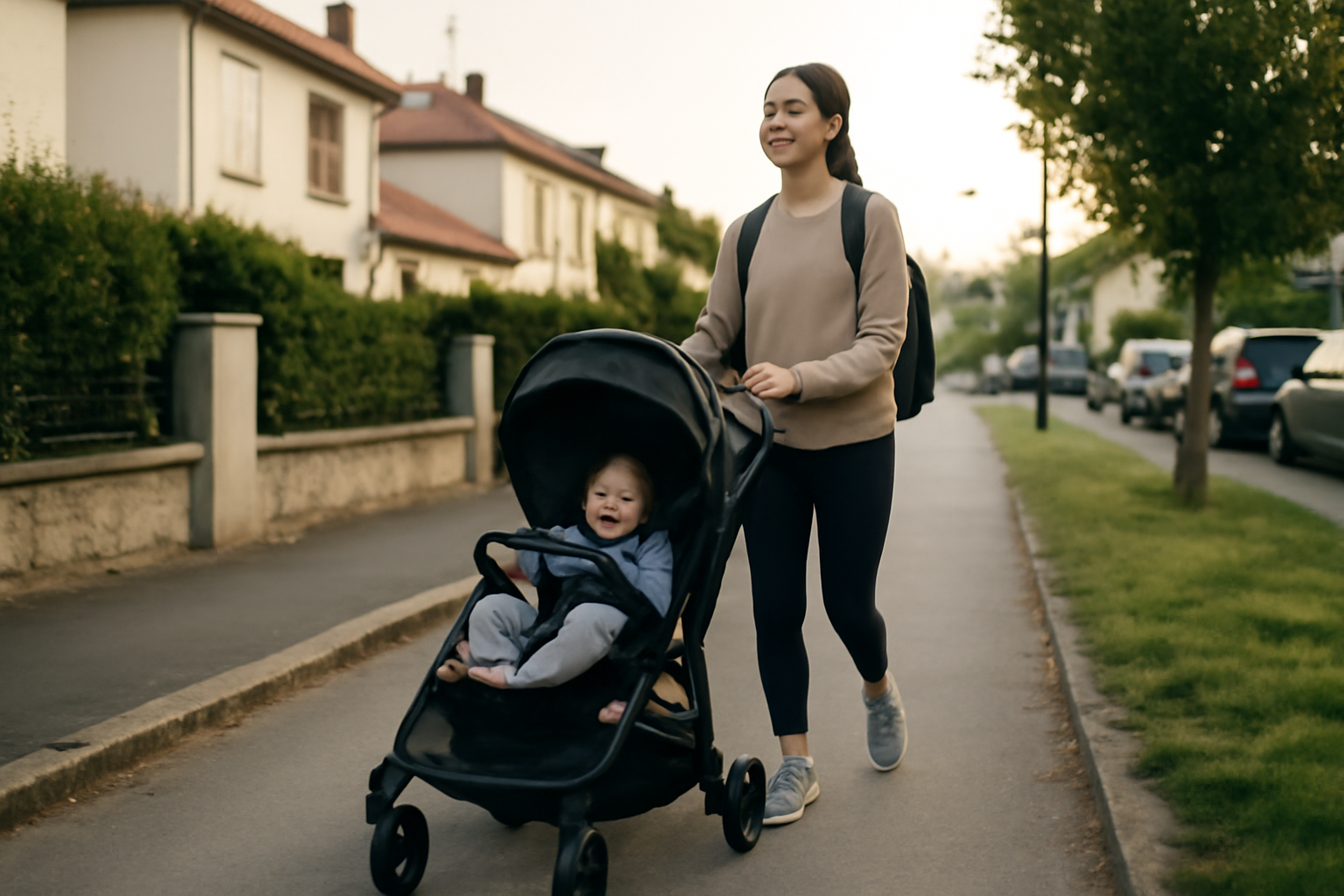 Quand reprendre le sport après accouchement : marche et exercices doux près de la maison, tenue confortable, bébé dans les bras