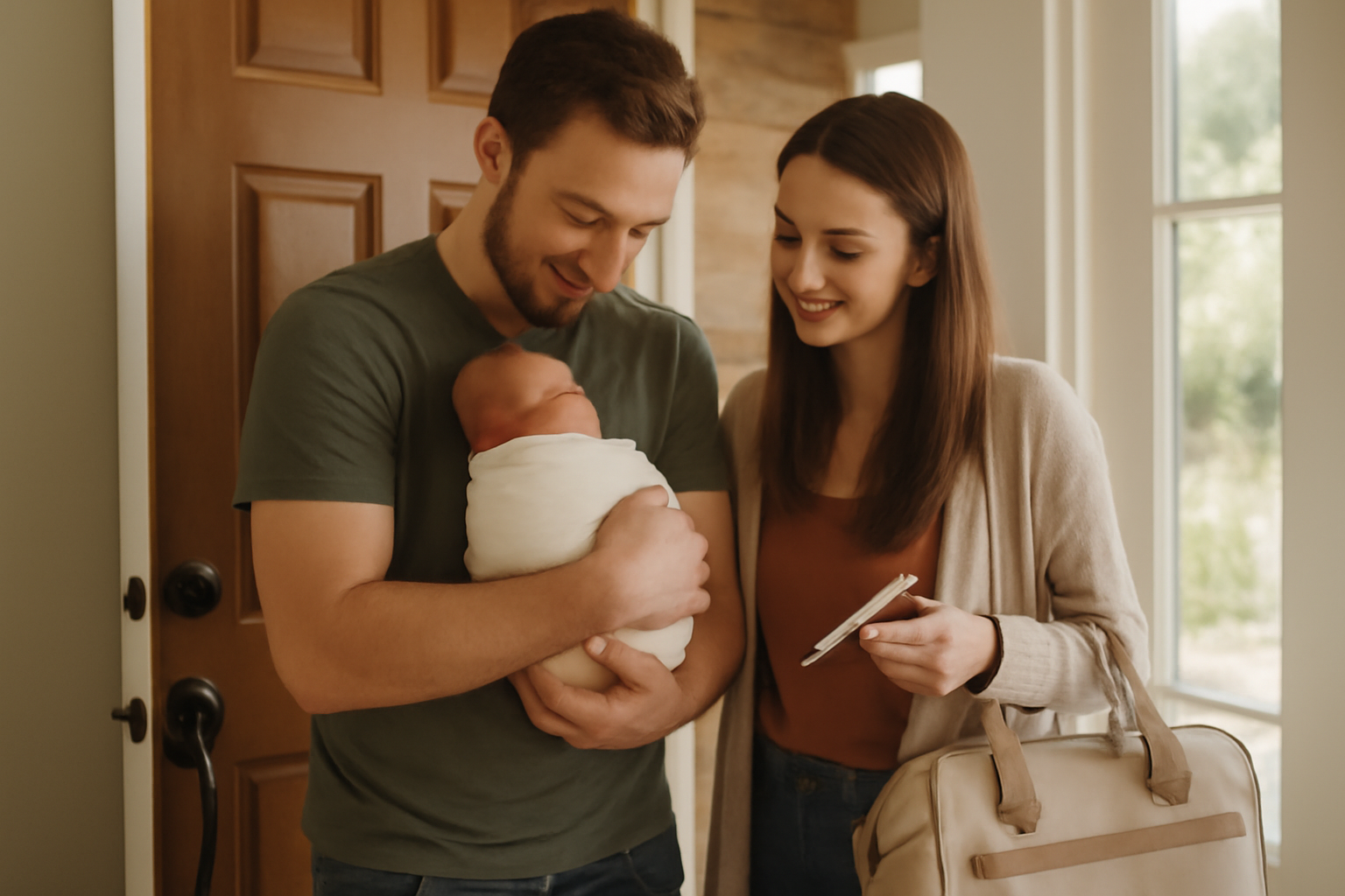 Famille revenant de la maternité : valise et bébé dans les bras, porte d’entrée de maison, lumière naturelle