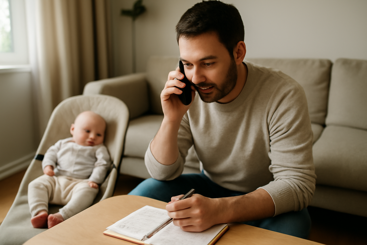 Parent appelant un professionnel de santé sur téléphone avec carnet de notes à côté, ambiance calme dans le salon