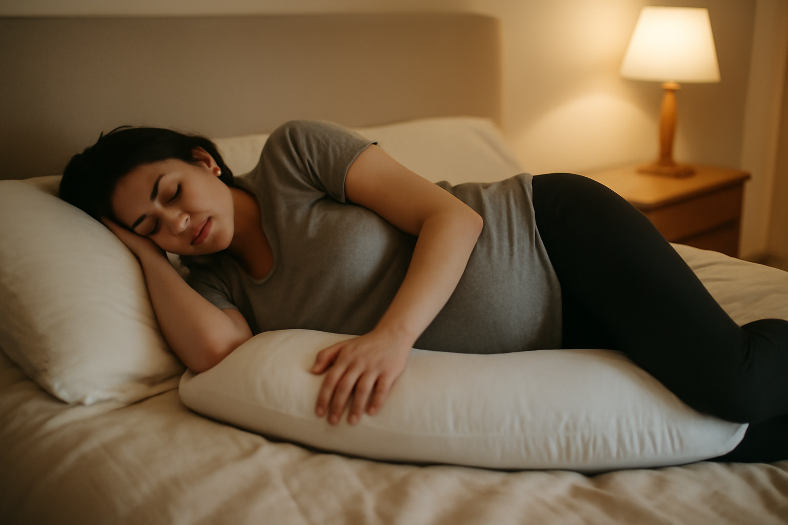 coussin de grossesse entre les genoux et position sur le côté dans un lit avec lumière douce