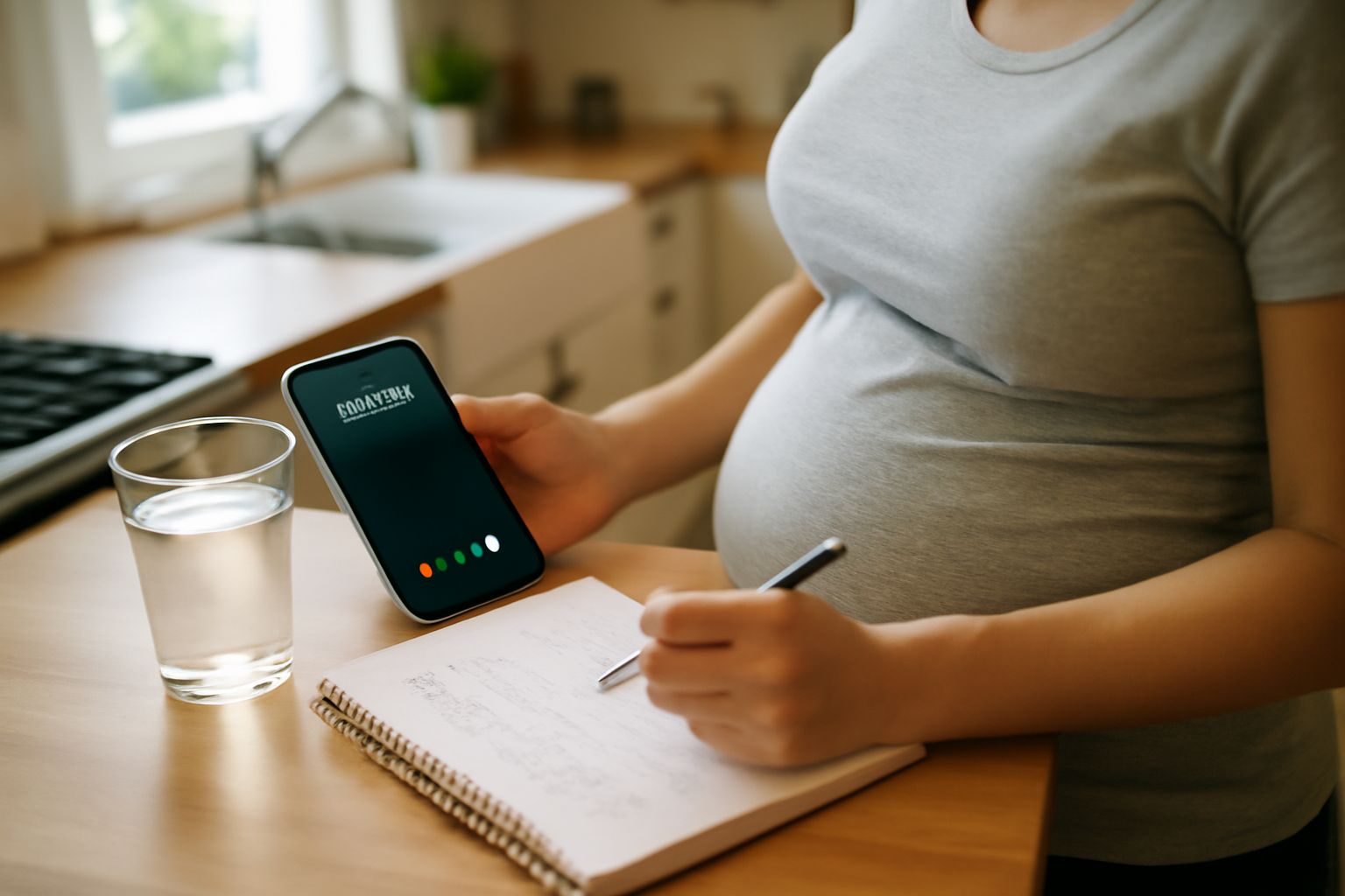 téléphone portable affichant un numéro de maternité et note de symptômes sur un carnet près d’un verre d’eau