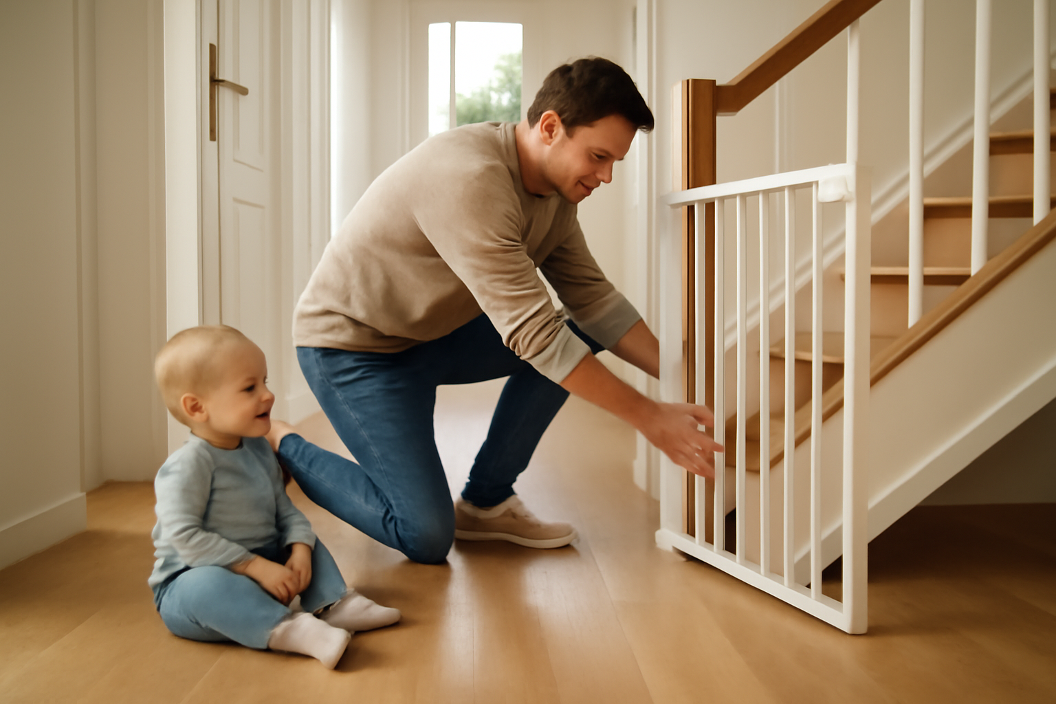 barriere escalier pour bebe installée en bas d’escalier, parent vérifiant le verrouillage