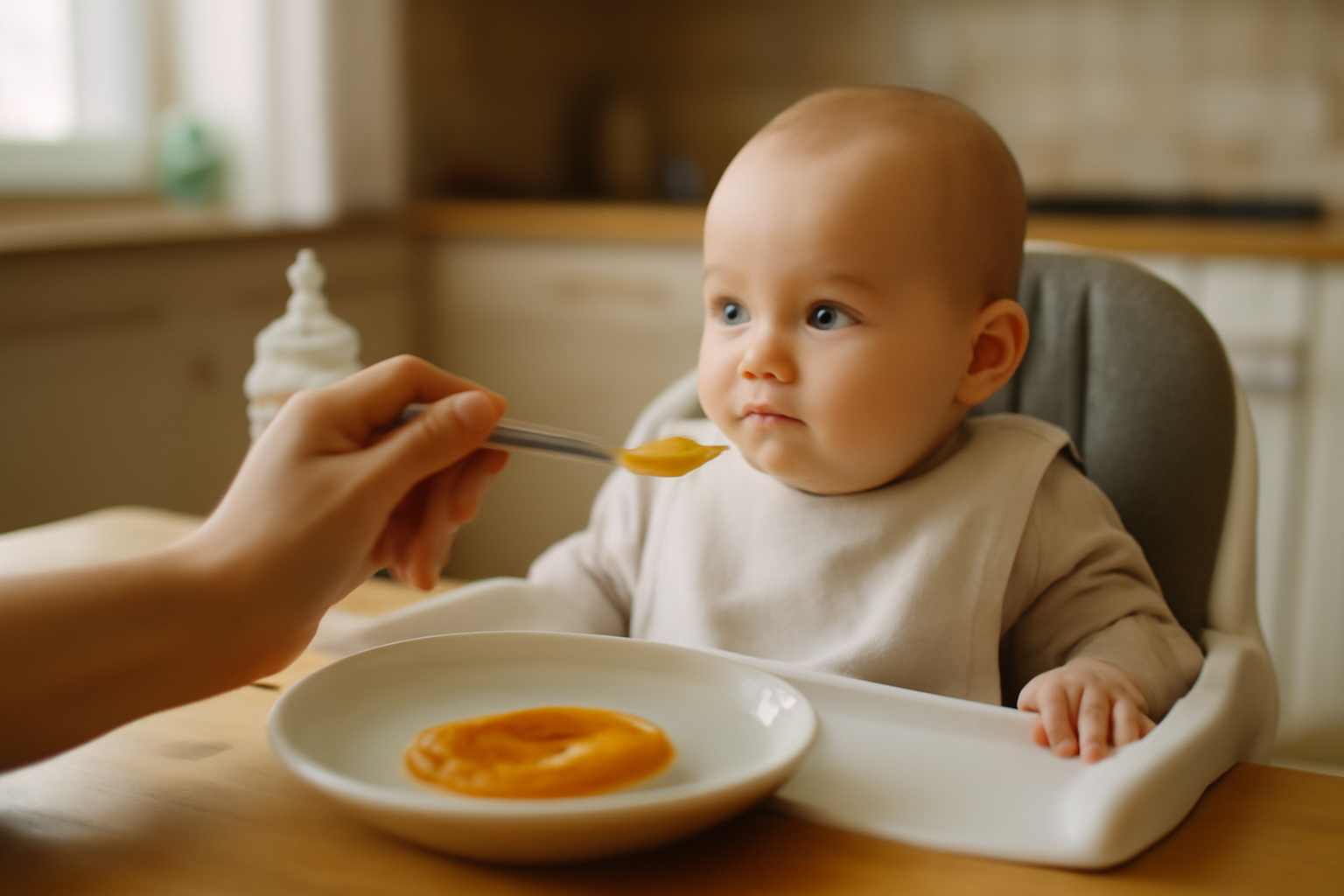 repas bébé 6 mois : purée lisse dans une assiette pour la diversification