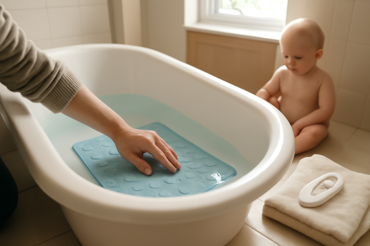 tapis de bain antidérapant bébé posé dans une baignoire propre, ventouses visibles