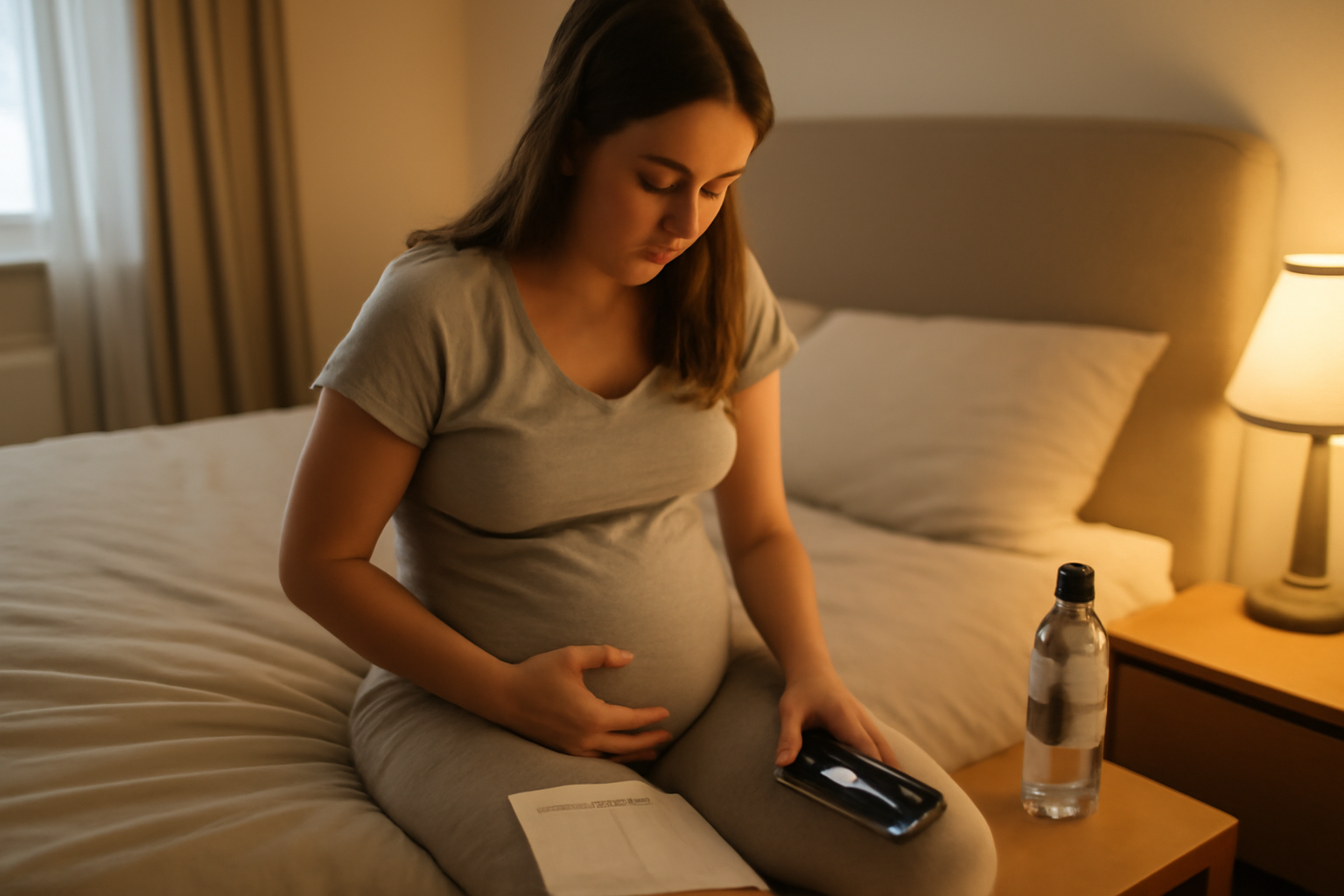 Accouchement et contraction : chronométrer des contractions sur un téléphone dans la chambre, ambiance réaliste