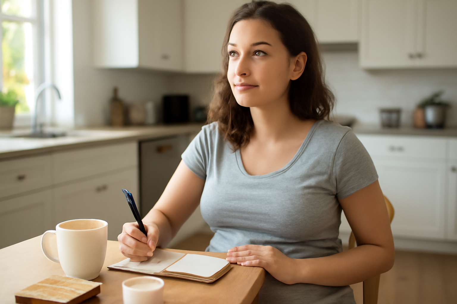 aigreur d’estomac enceinte : femme enceinte au petit-déjeuner, carnet de symptômes à la main, cuisine lumineuse, scène photo réaliste