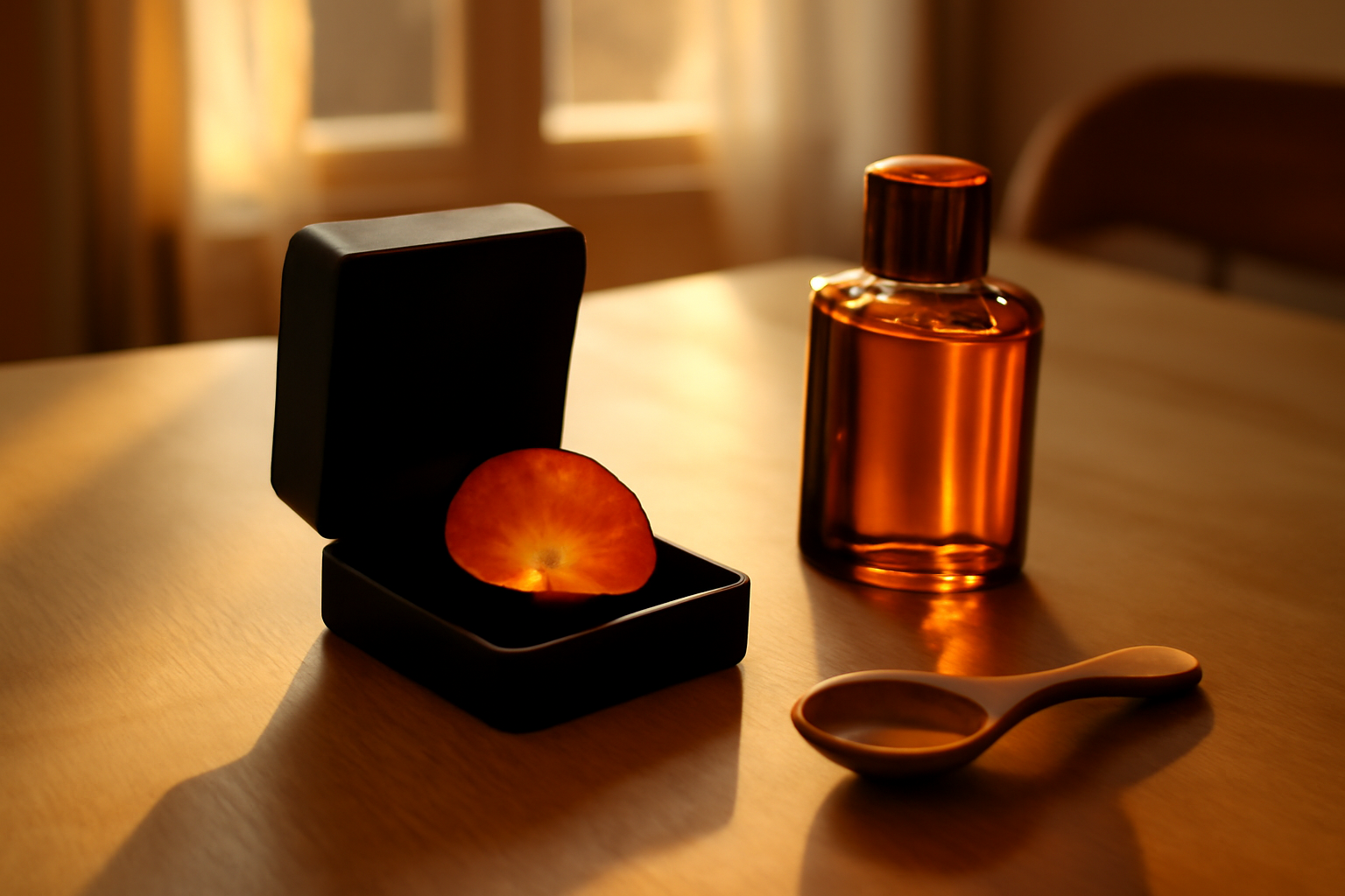 ambre origine prénom Ambre : teinte chaude de l’ambre gris et lumière dorée sur une table