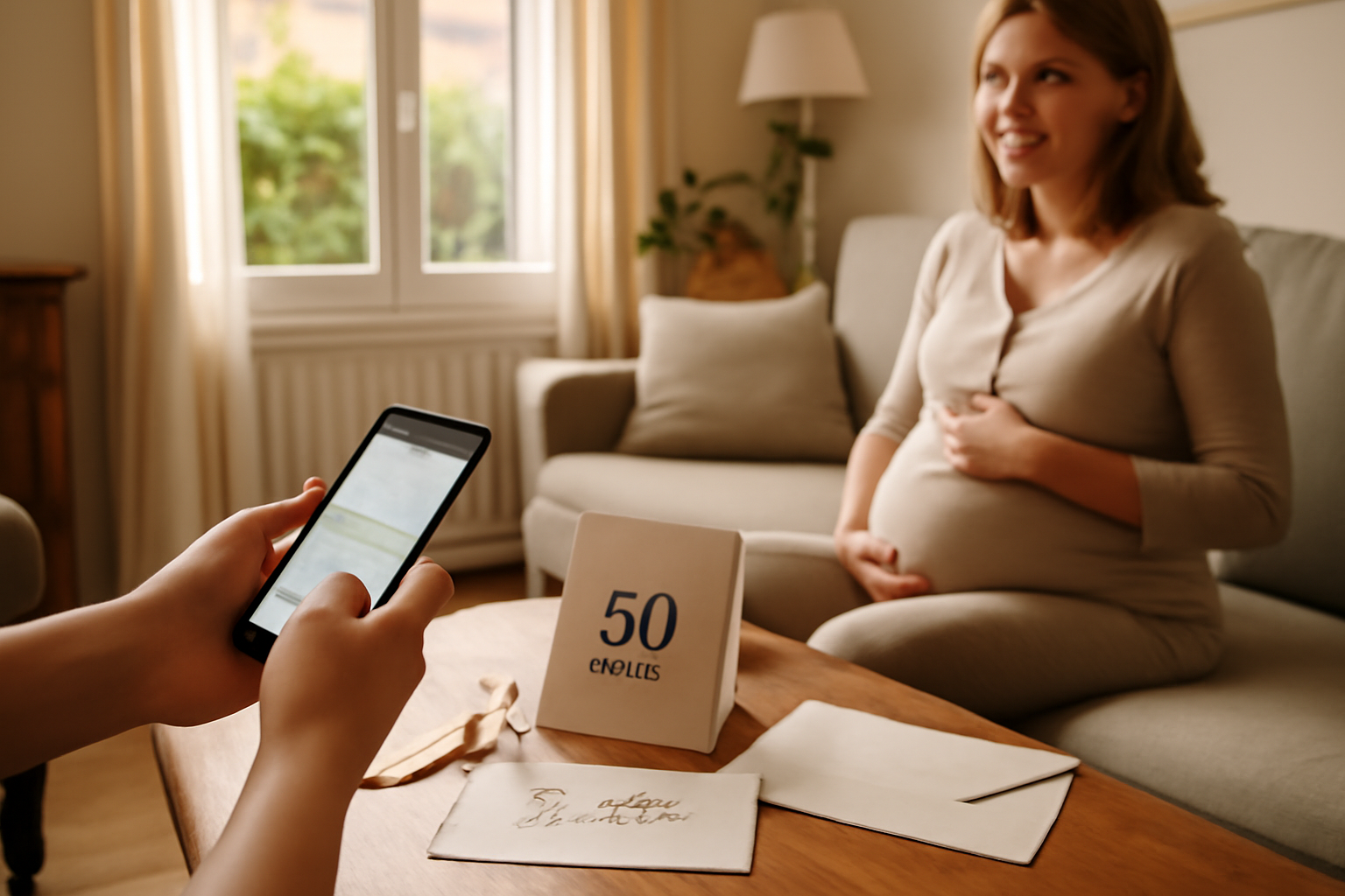 annonce baby shower originale sur une table avec carte et ruban, intérieur lumineux