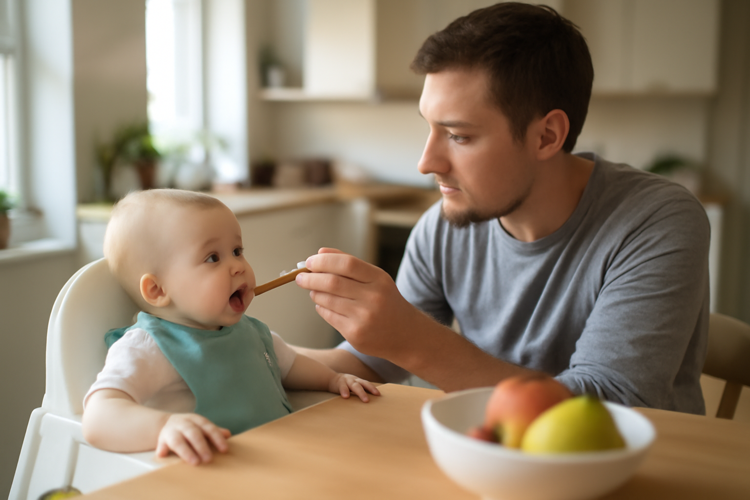 compote bebe en cuillère pour bébé dans une chaise haute, lumière naturelle