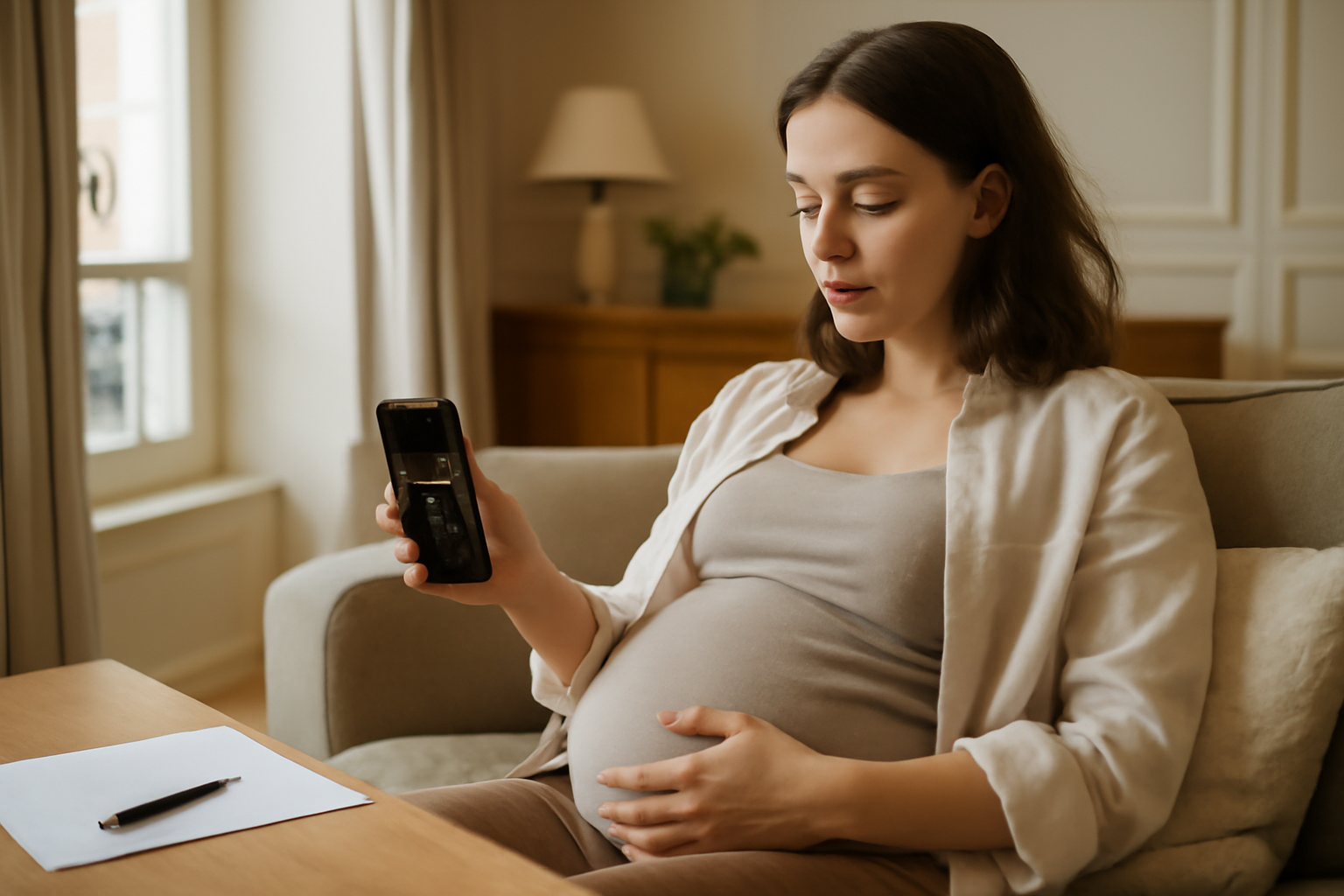 contraction grossesse : une future maman chronomètre ses contractions sur son téléphone dans un salon lumineux