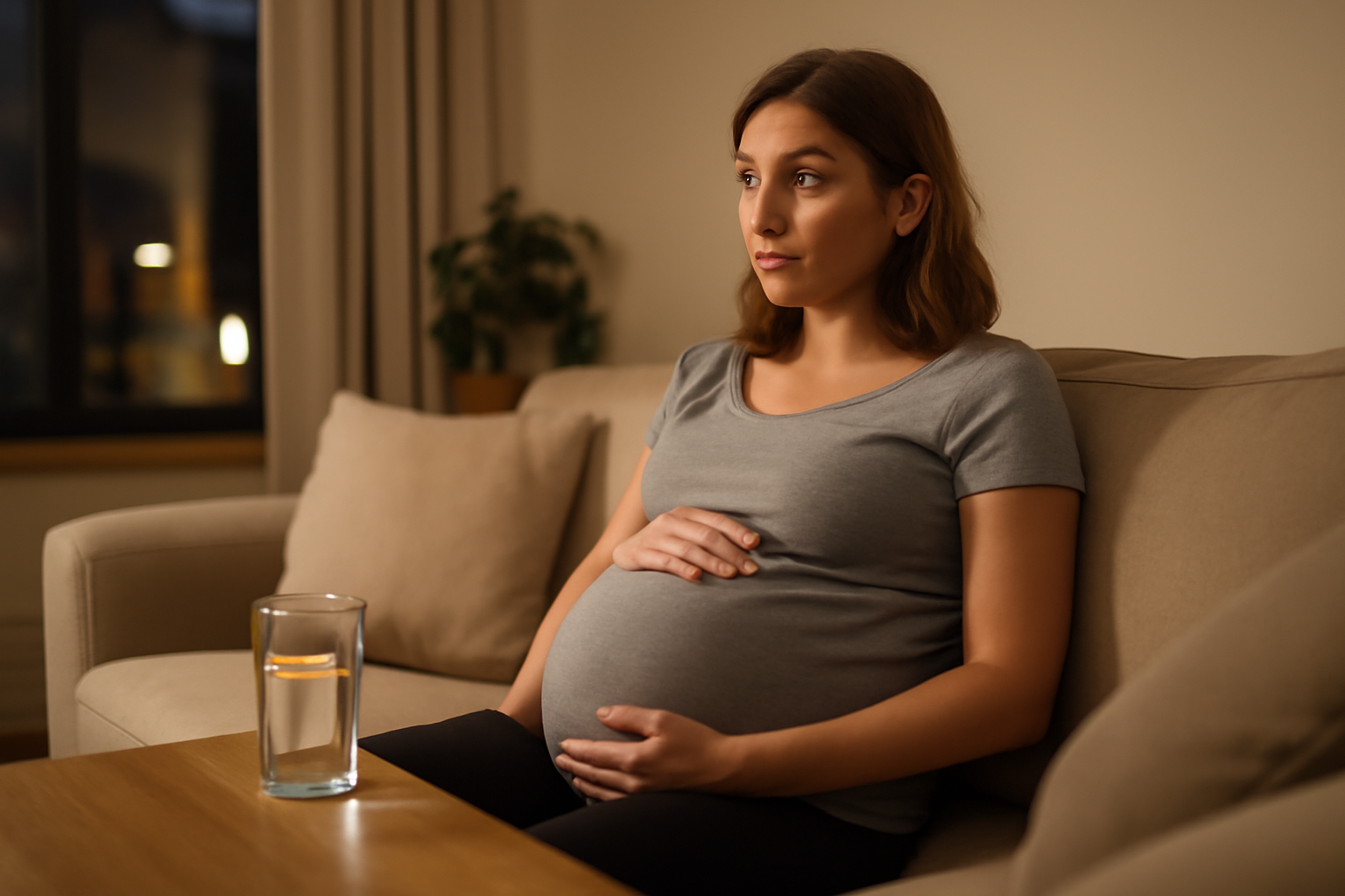 forme ventre contraction : abdomen qui se durcit, main sur le ventre, ambiance à la maison