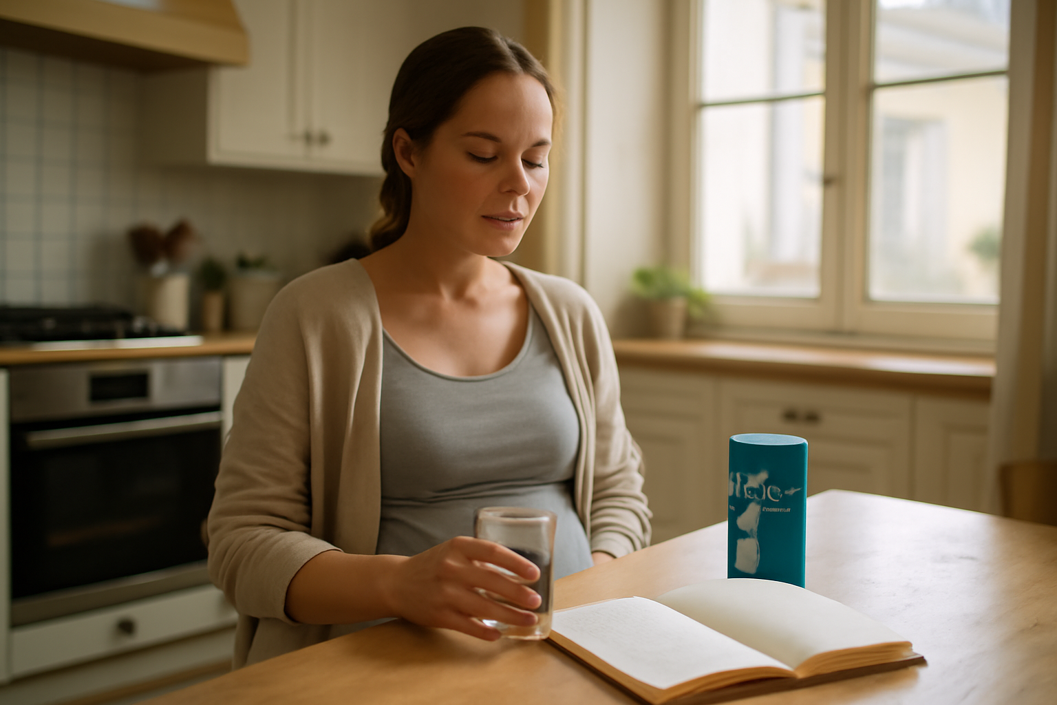gaviscon pour femme enceinte : flacon et comprimés à croquer posés sur une table de cuisine, vue réaliste en lumière du matin