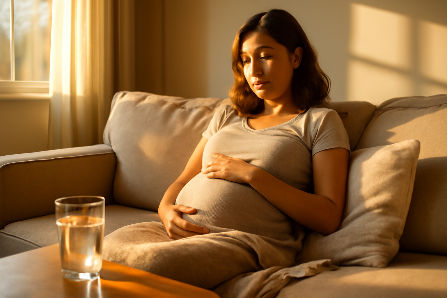 Femme enceinte pratiquant des haptonomie exercices avec une main sur le ventre, coussin et lumière douce