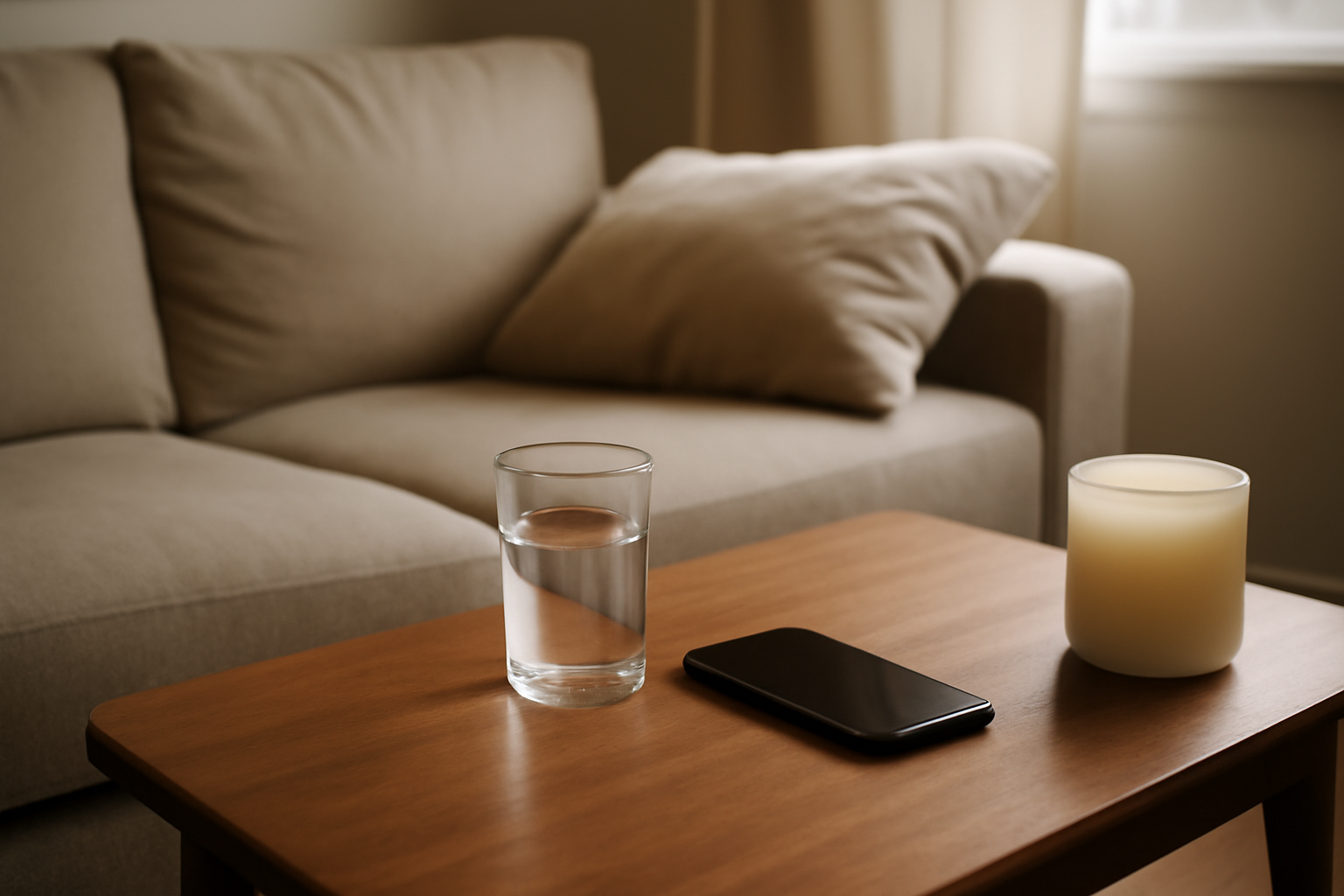 Table basse avec coussin, verre d’eau et téléphone en mode silencieux pour pratiquer des haptonomie exercices en sécurité