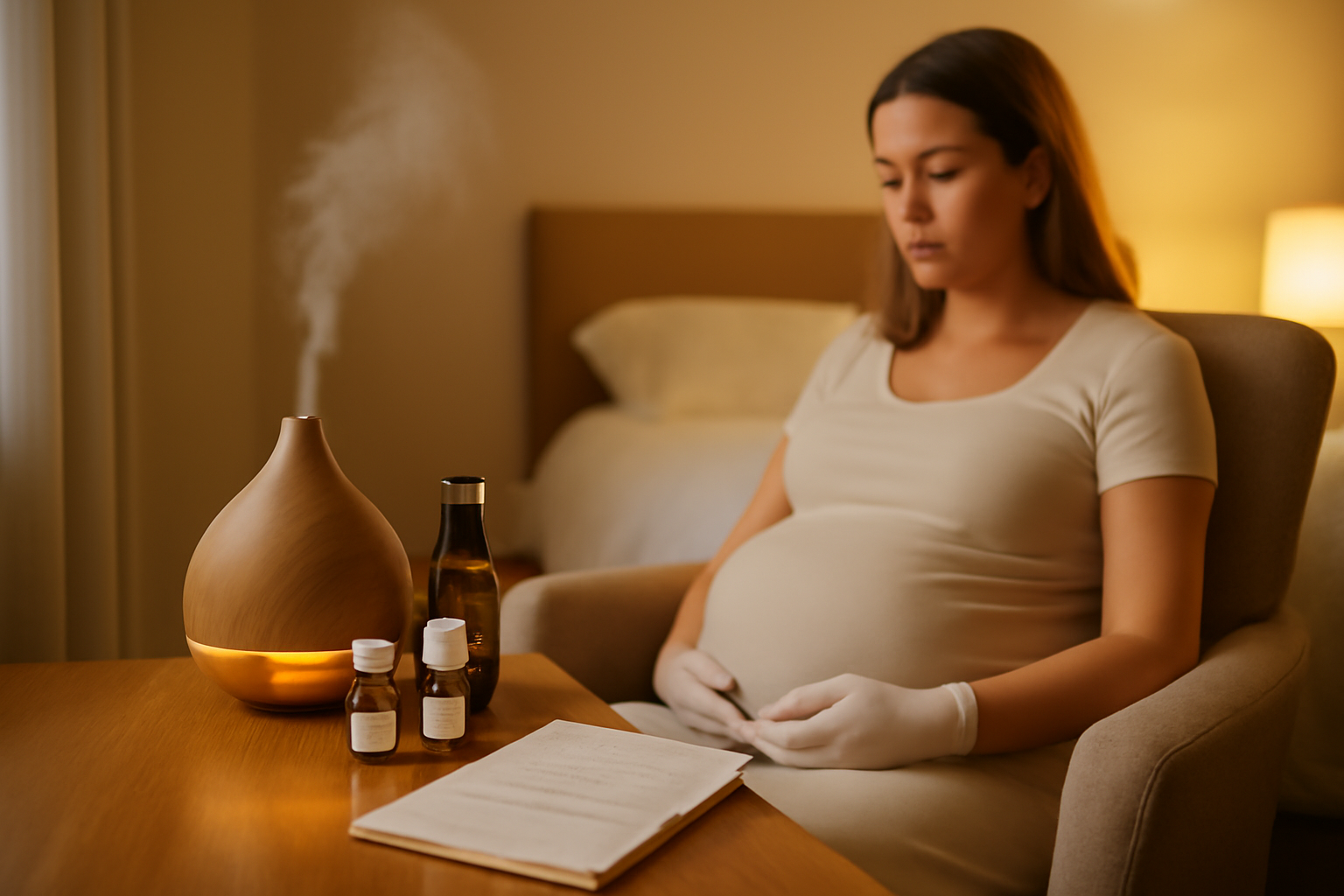Huiles essentielles grossesse : flacon avec étiquette chémotype sur table de nuit, lumière douce