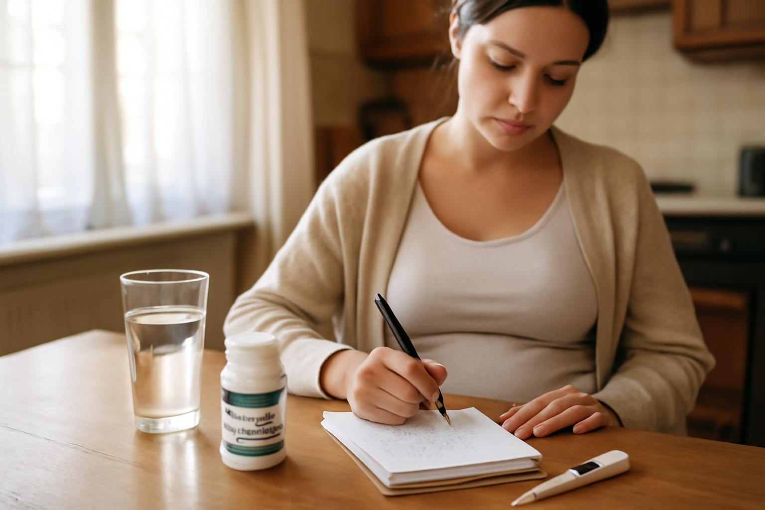 Probiotique et grossesse : boîte de probiotiques et carnet de suivi sur une table près d’un test de grossesse