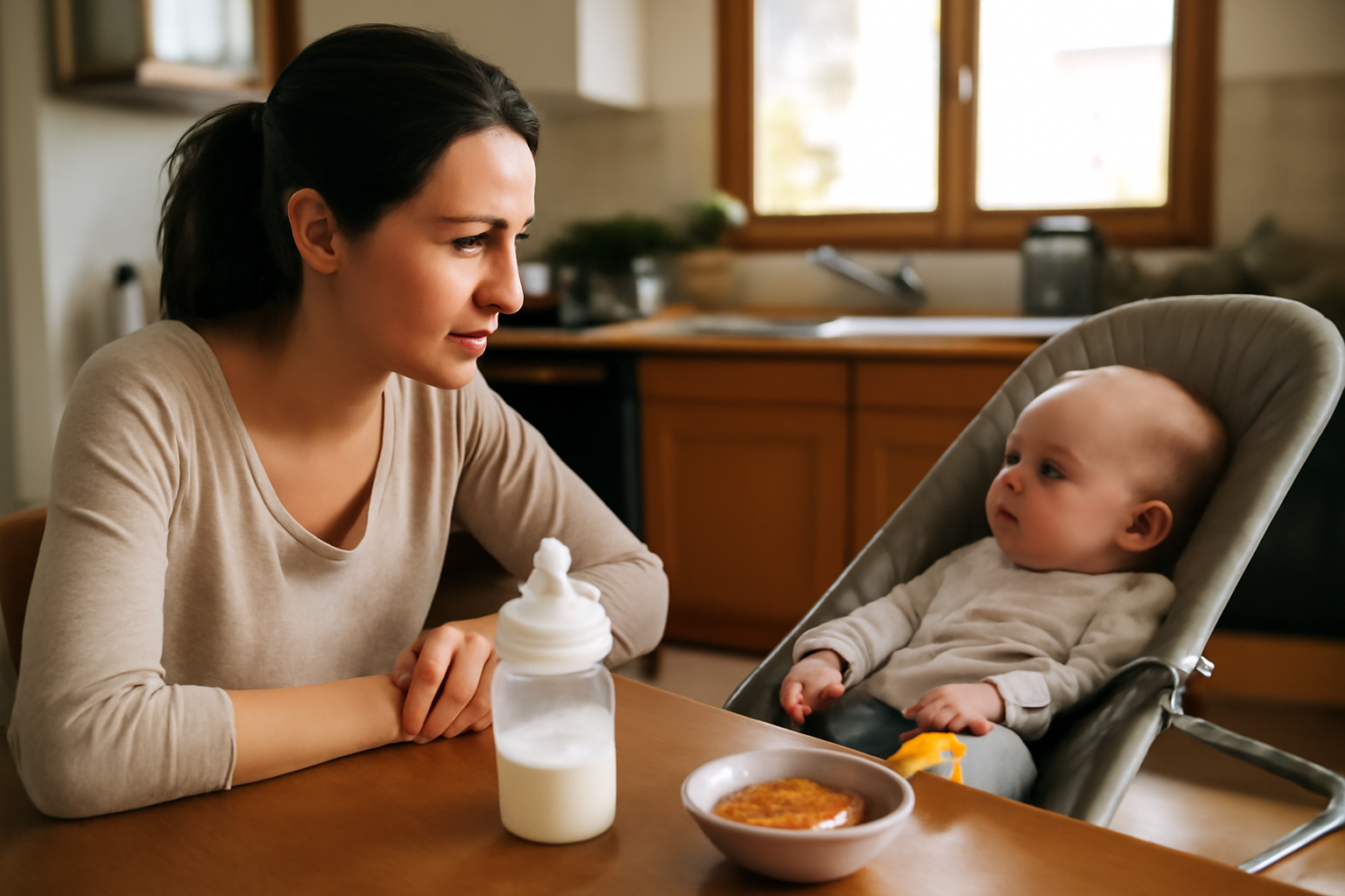 Sevrage des bébés : parent proposant un biberon dans une cuisine lumineuse