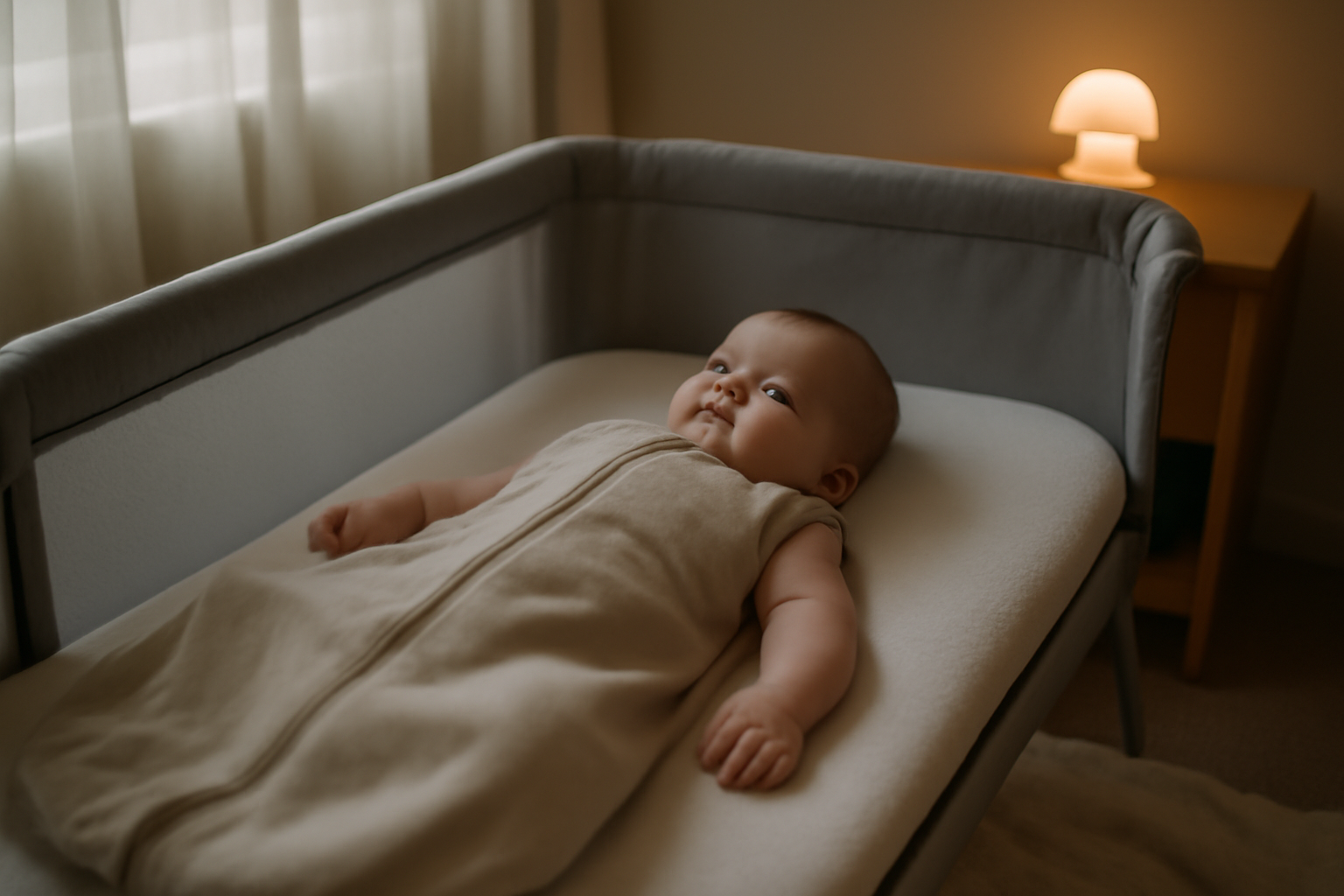 sieste bebe dans une chambre sombre avec lumière du matin filtrée