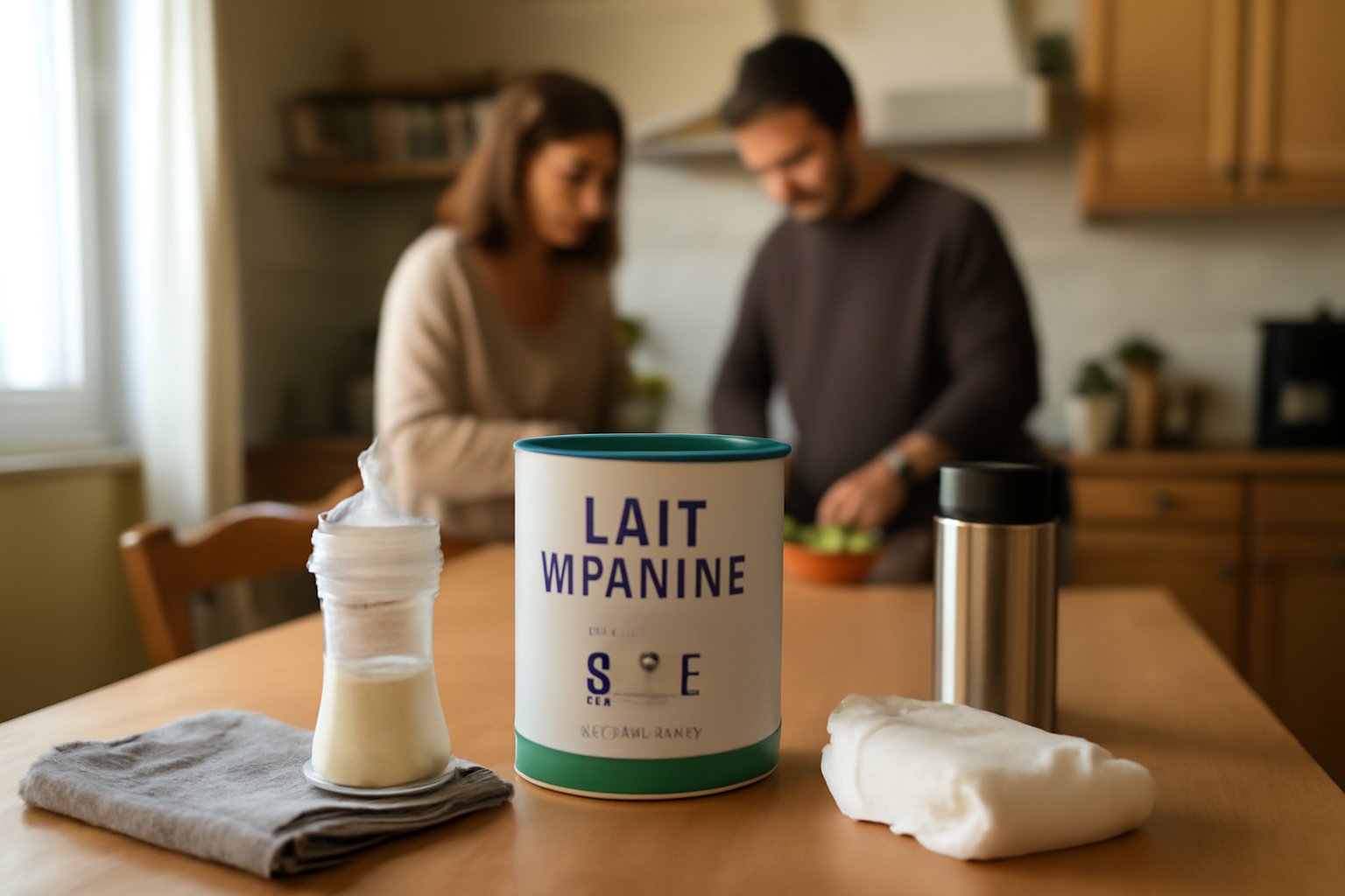 Biberon et pot de lait infantile “1er âge 2ème âge 3ème âge” sur une table de cuisine, lumière du matin, ambiance familiale